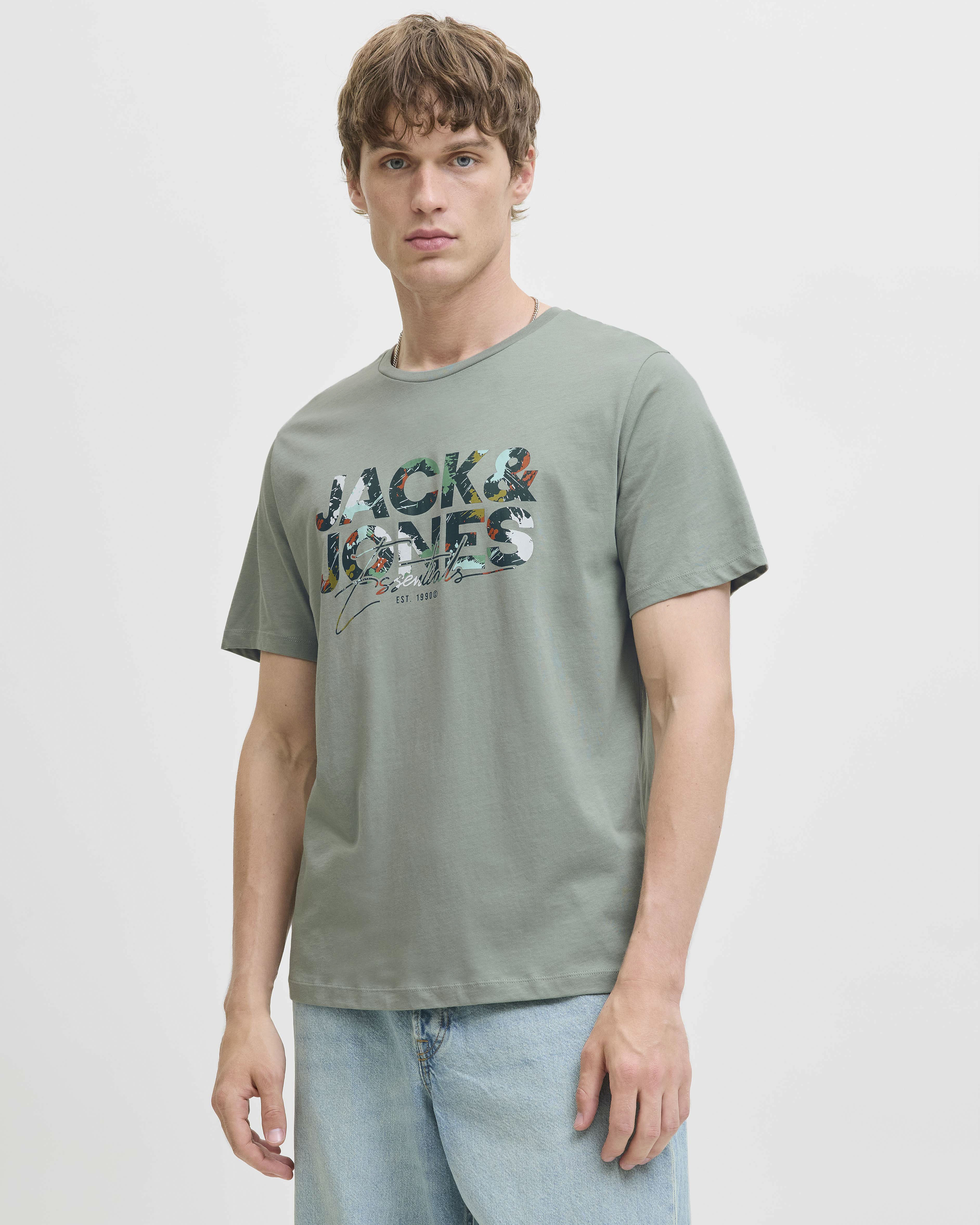 T-shirt Jack & Jones verde salvia in cotone con stampa logo multicolore frontale