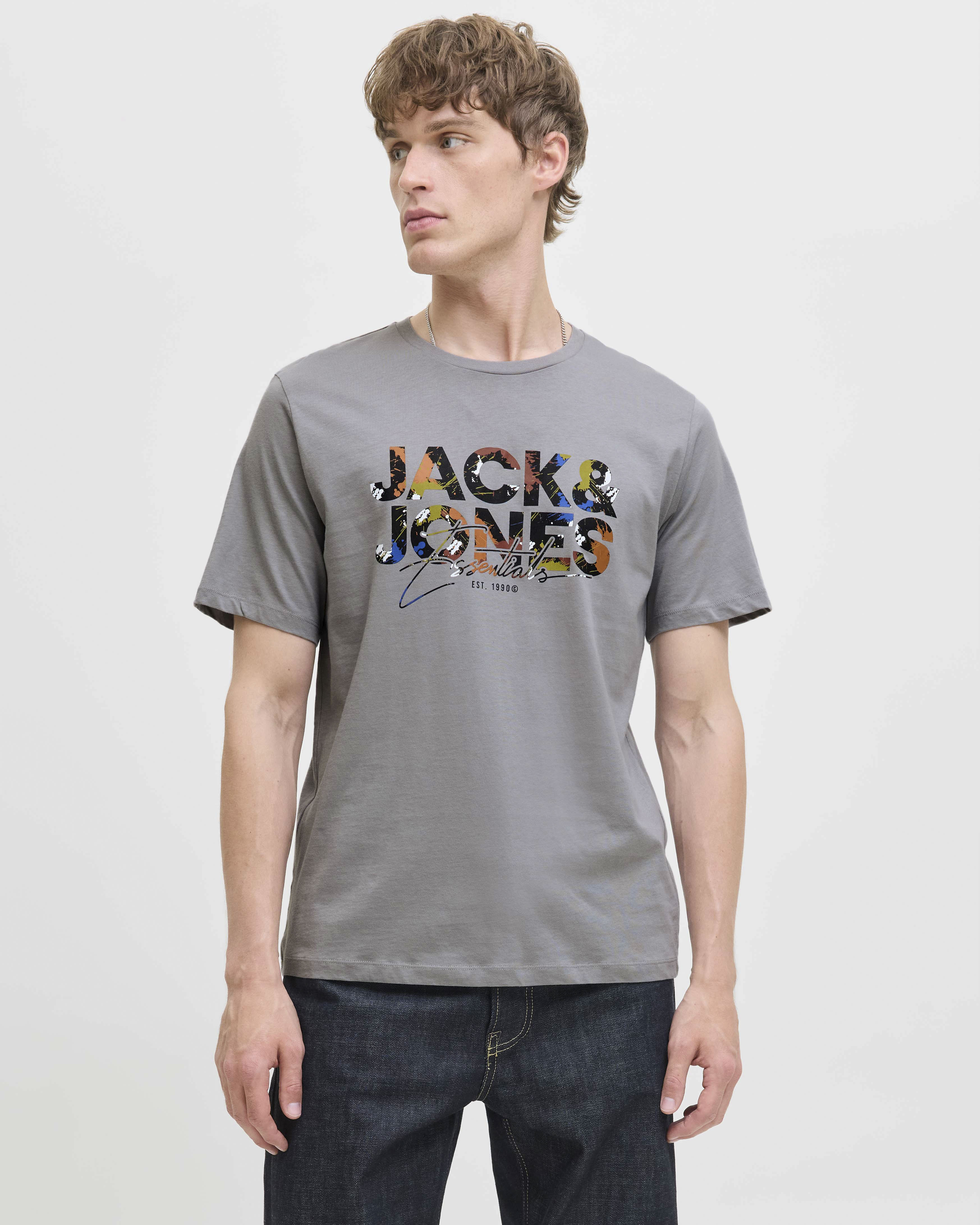 T-shirt mezza manica grigia in cotone con stampa logo multicolore
