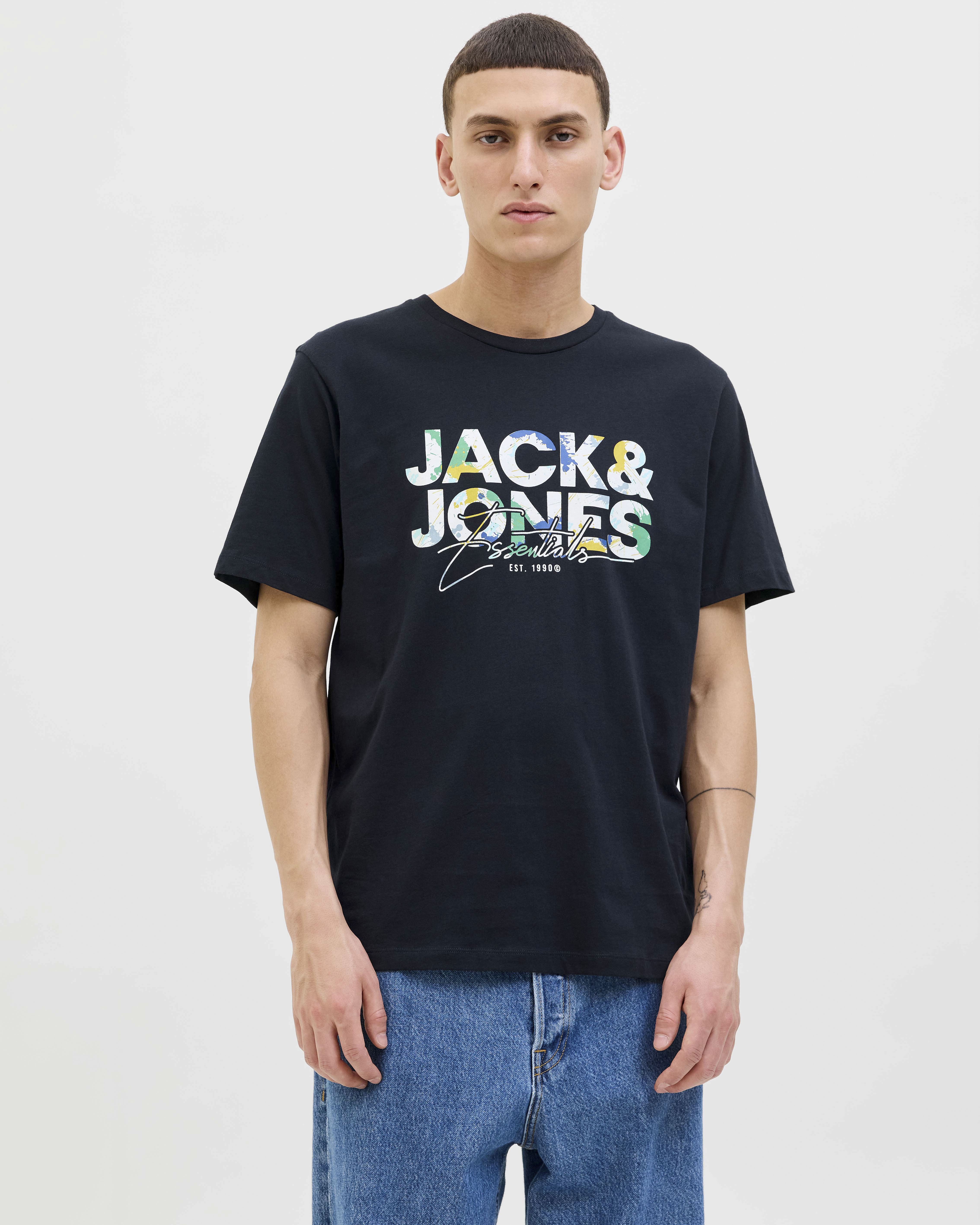 T-shirt mezza manica Jack & Jones blu in cotone con stampa logo multicolore