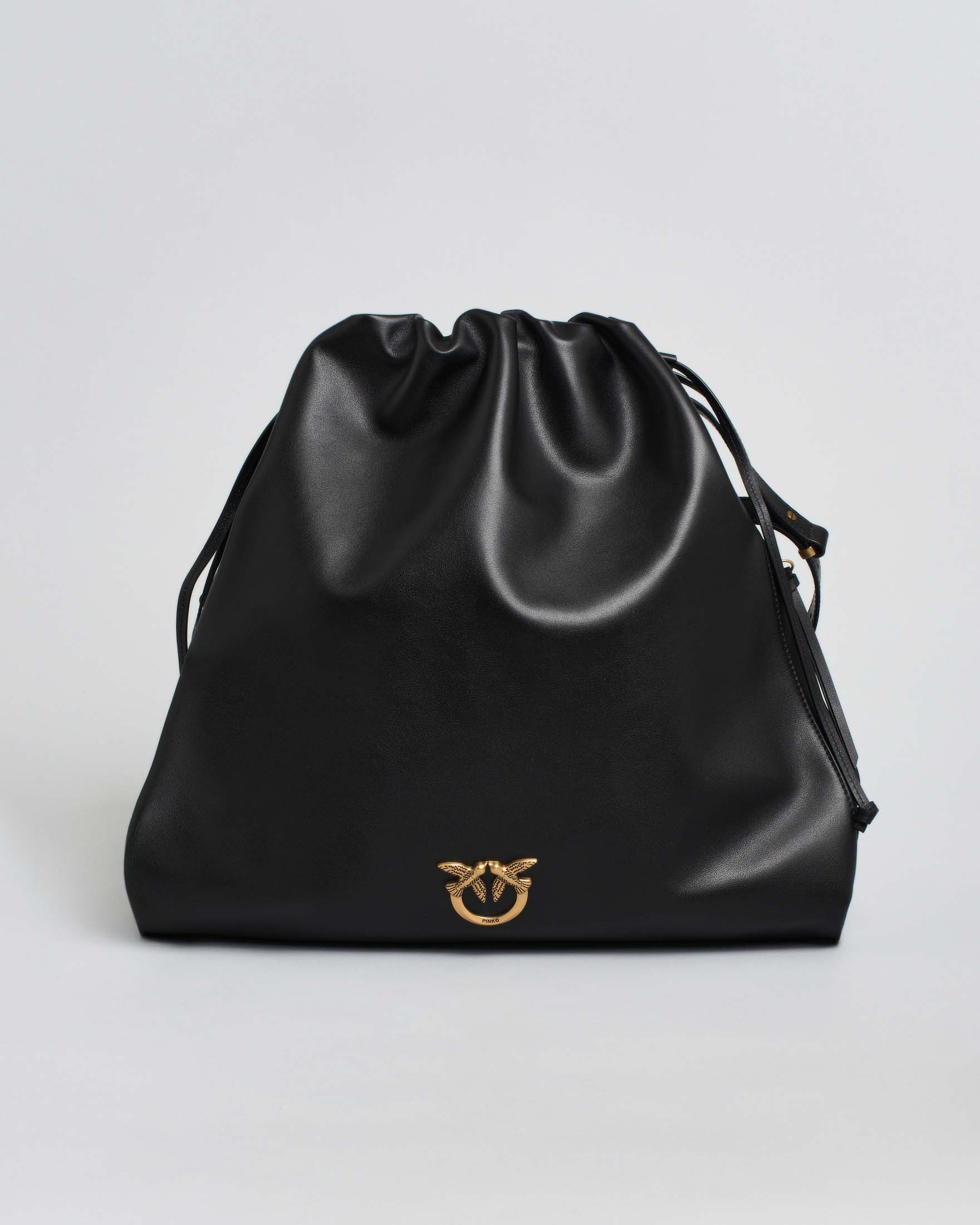 Sacchetto Pinko color tortora in pelle liscia misura media con fibbia Love Birds dorata e tracolla regolabile