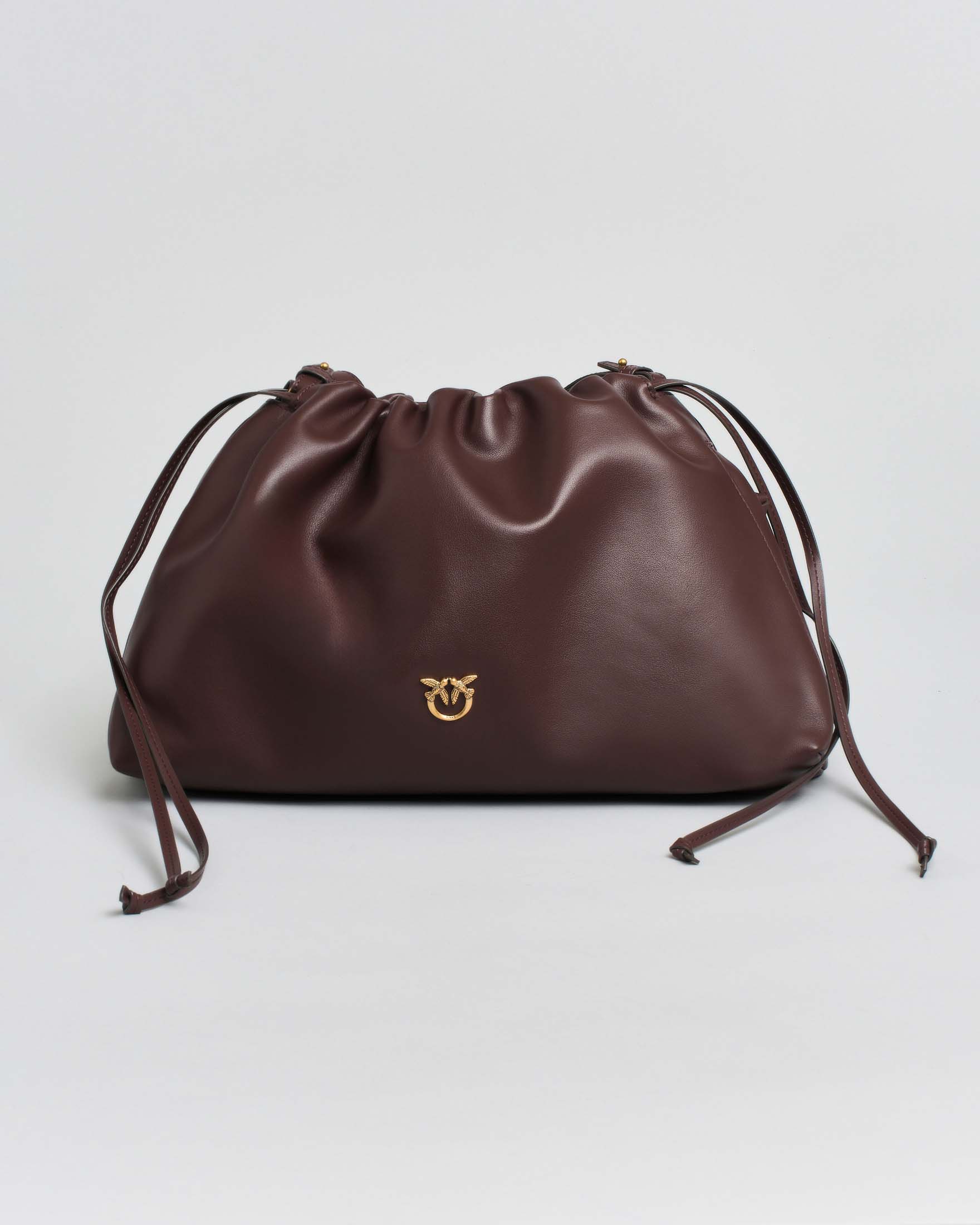 Mini sacchetto color mogano Pinko in pelle con chiusura arricciata con doppia tracolla a coulisse