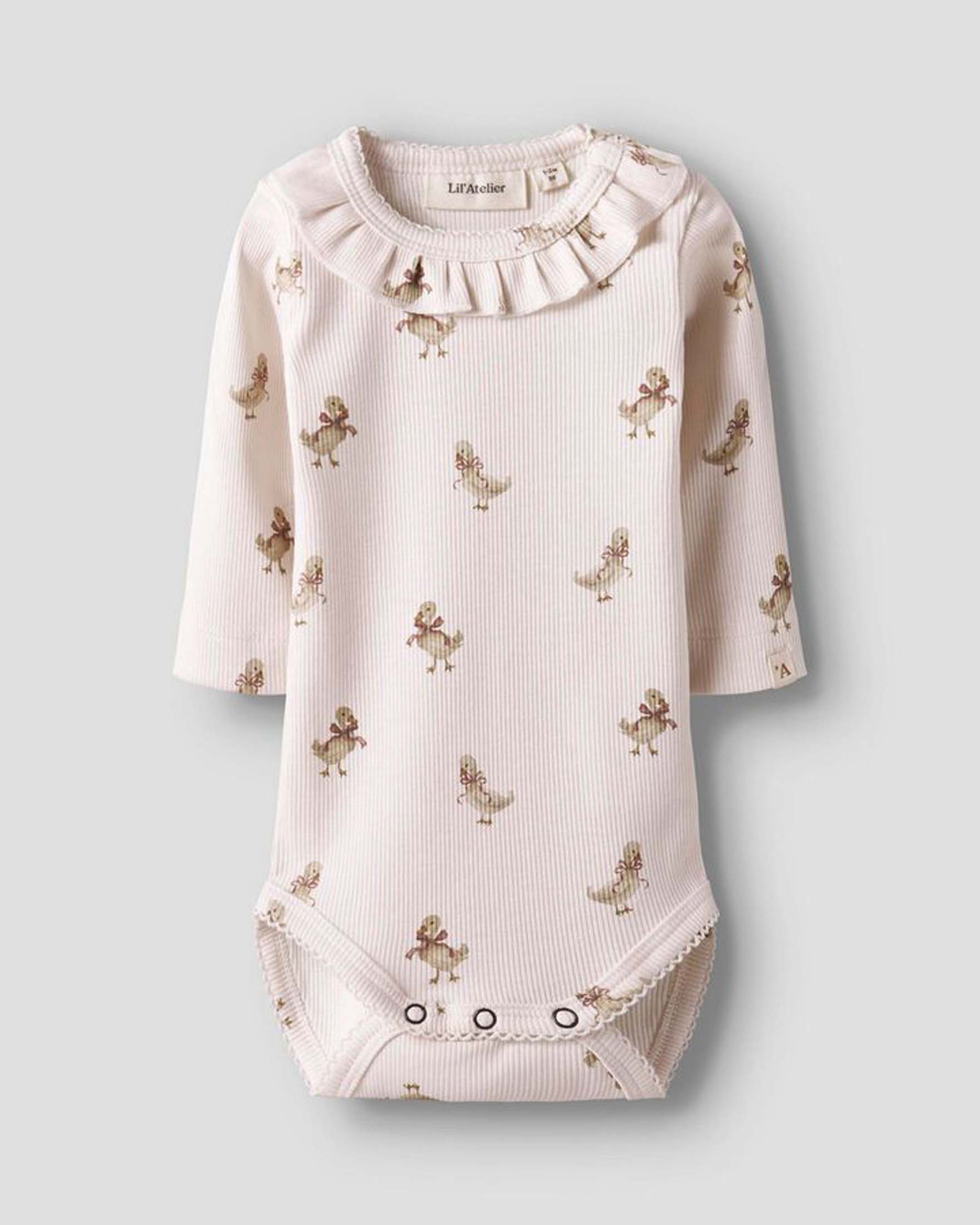 Body Lil'Atelier rosa chiaro in cotone stretch a maniche lunghe con stampa ochette