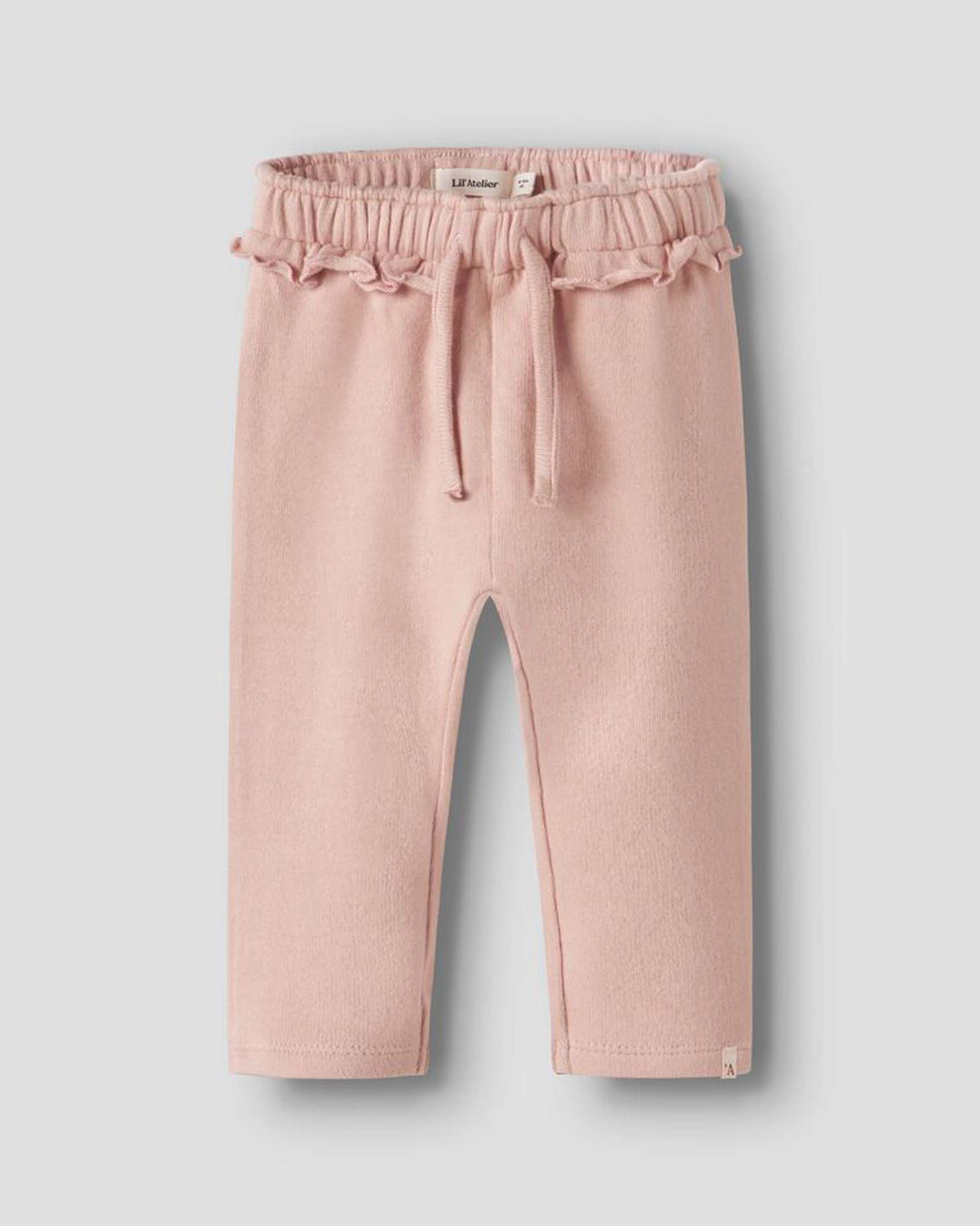Pantalone Lil'Atelier rosa antico in felpa di cotone con coulisse e rouches
