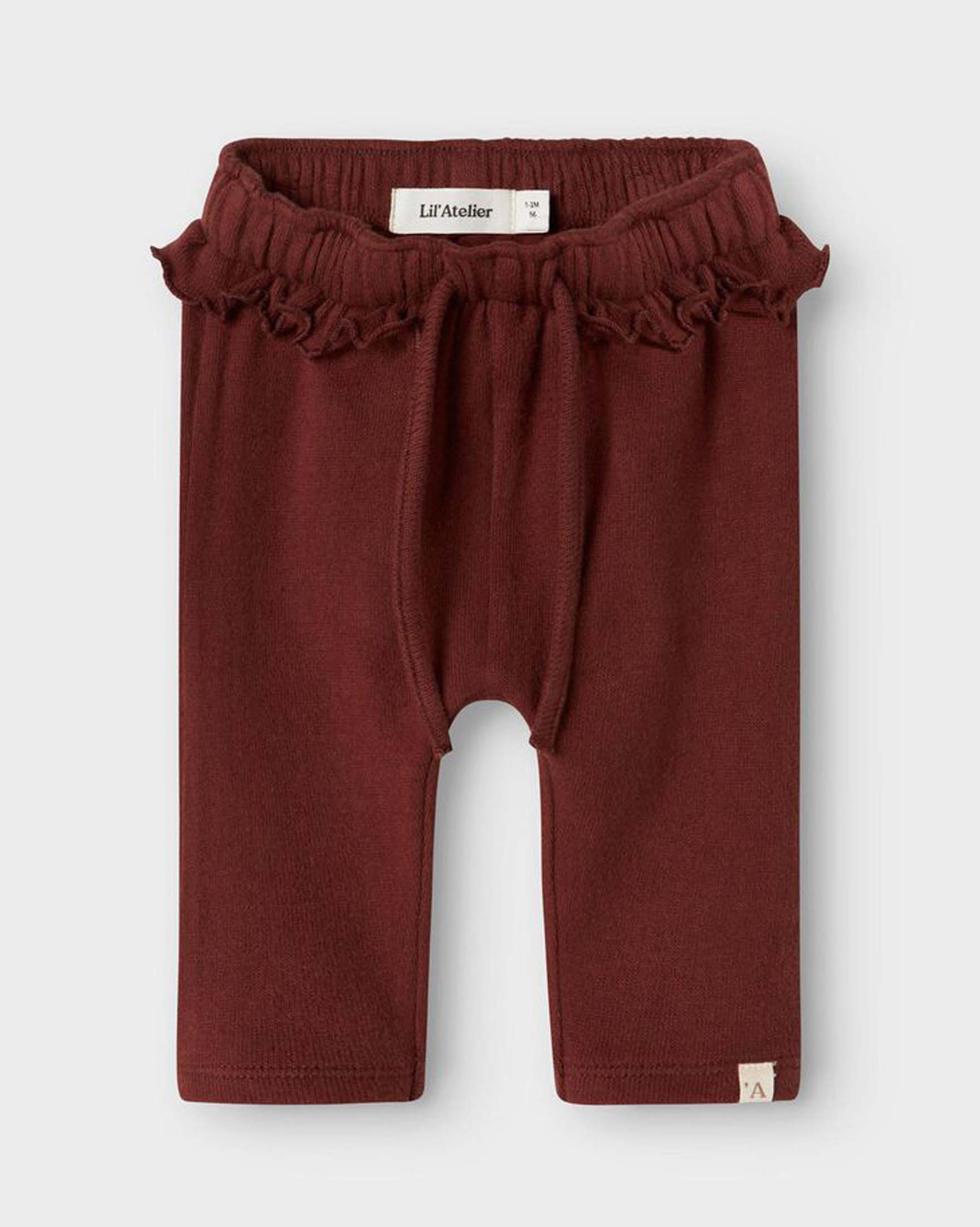 Pantalone Lil'Atelier bordeaux in felpa di cotone con coulisse e rouches