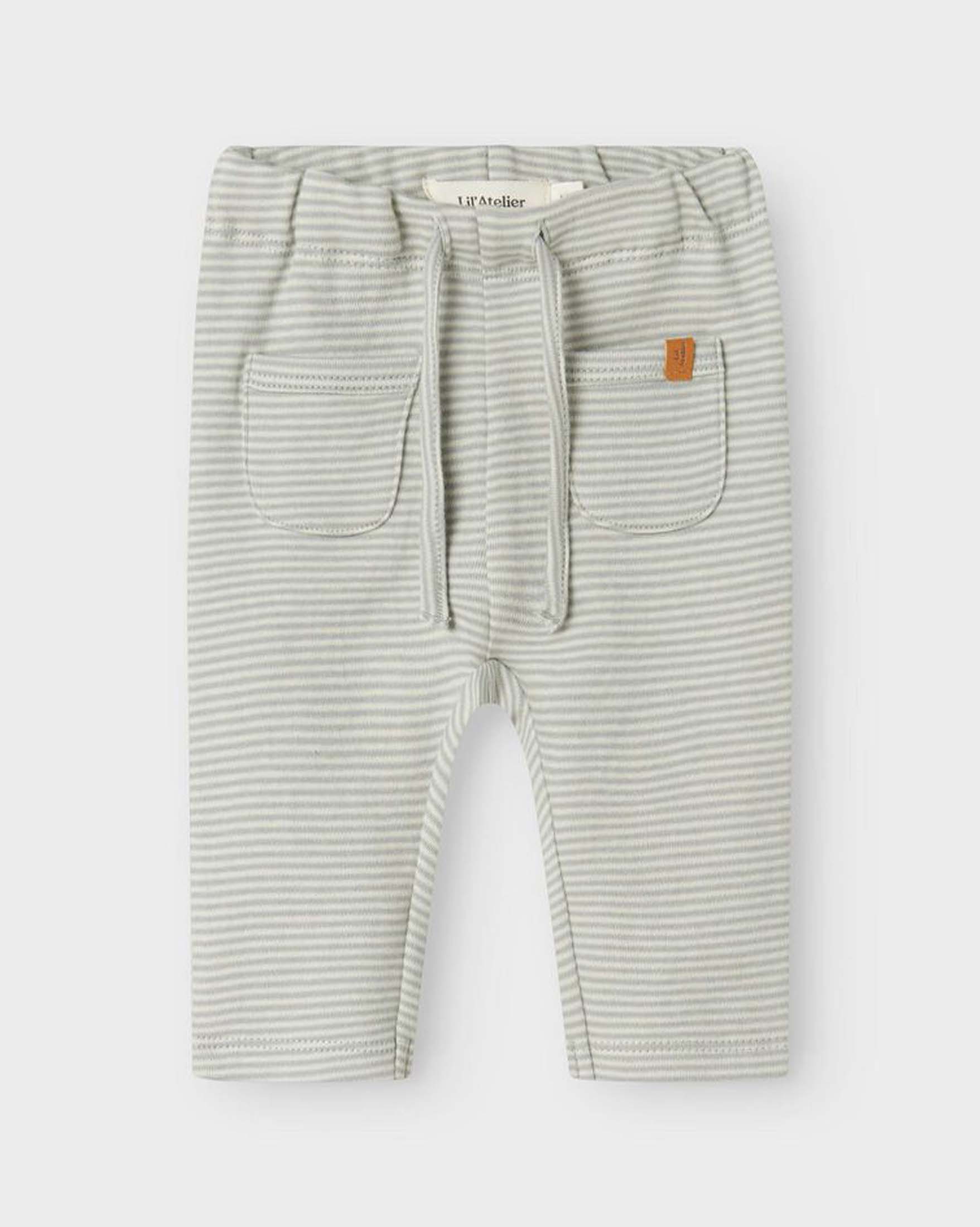 Pantalone Lil'Atelier in puro cotone a righe avorio e verde acqua con taschine