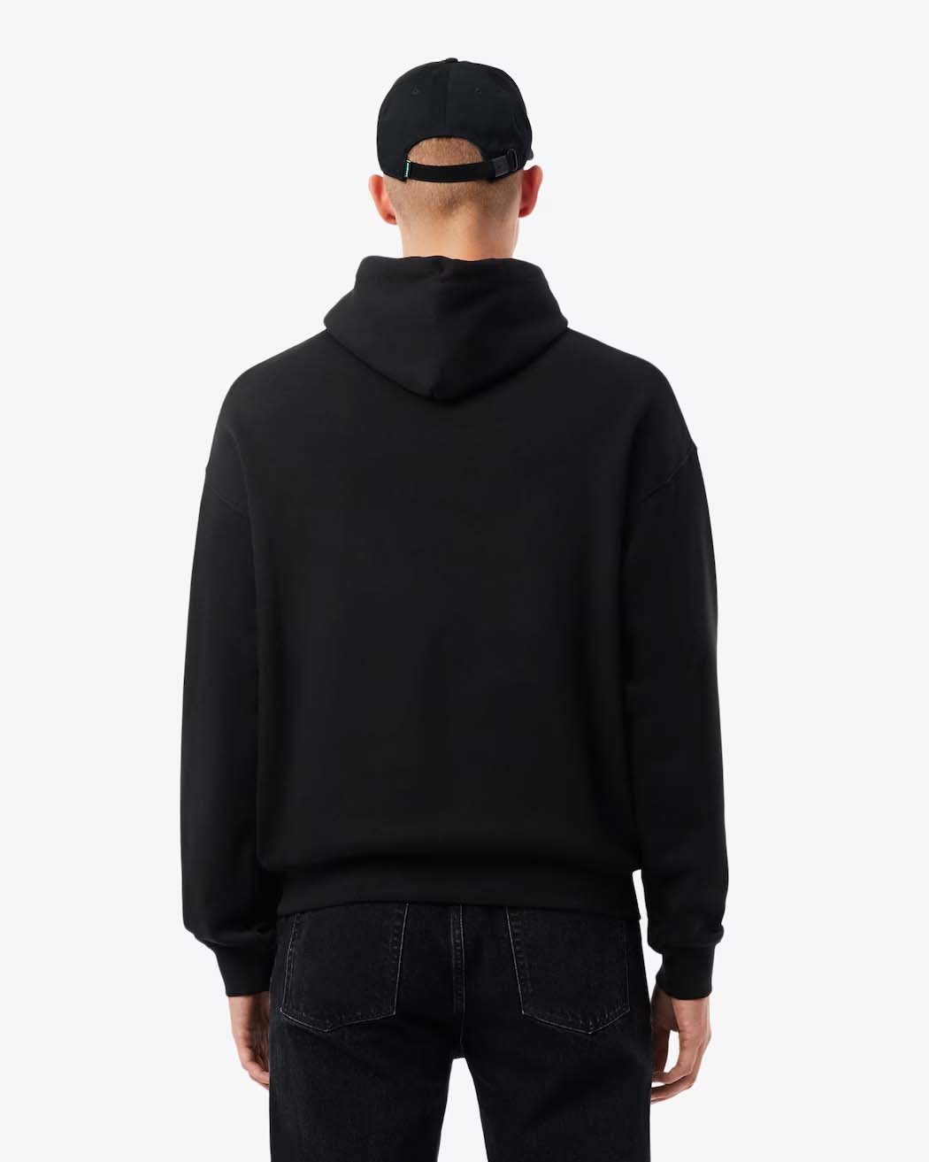 Felpa Lacoste loose-fit nera con cappuccio e logo scritta in pelliccia verde davanti image