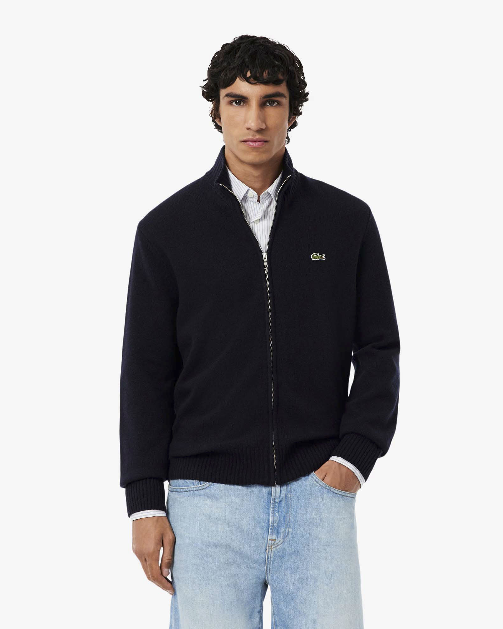 Maglione Lacoste blu in lana cardata con apertura zip