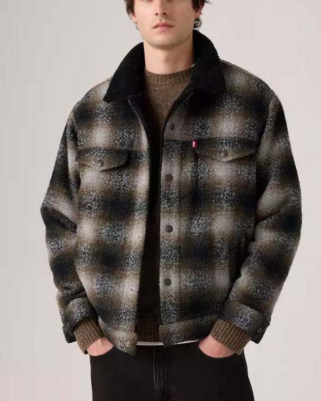 Giacca trucker sherpa Levi's in lana a fantasia check noce e nera