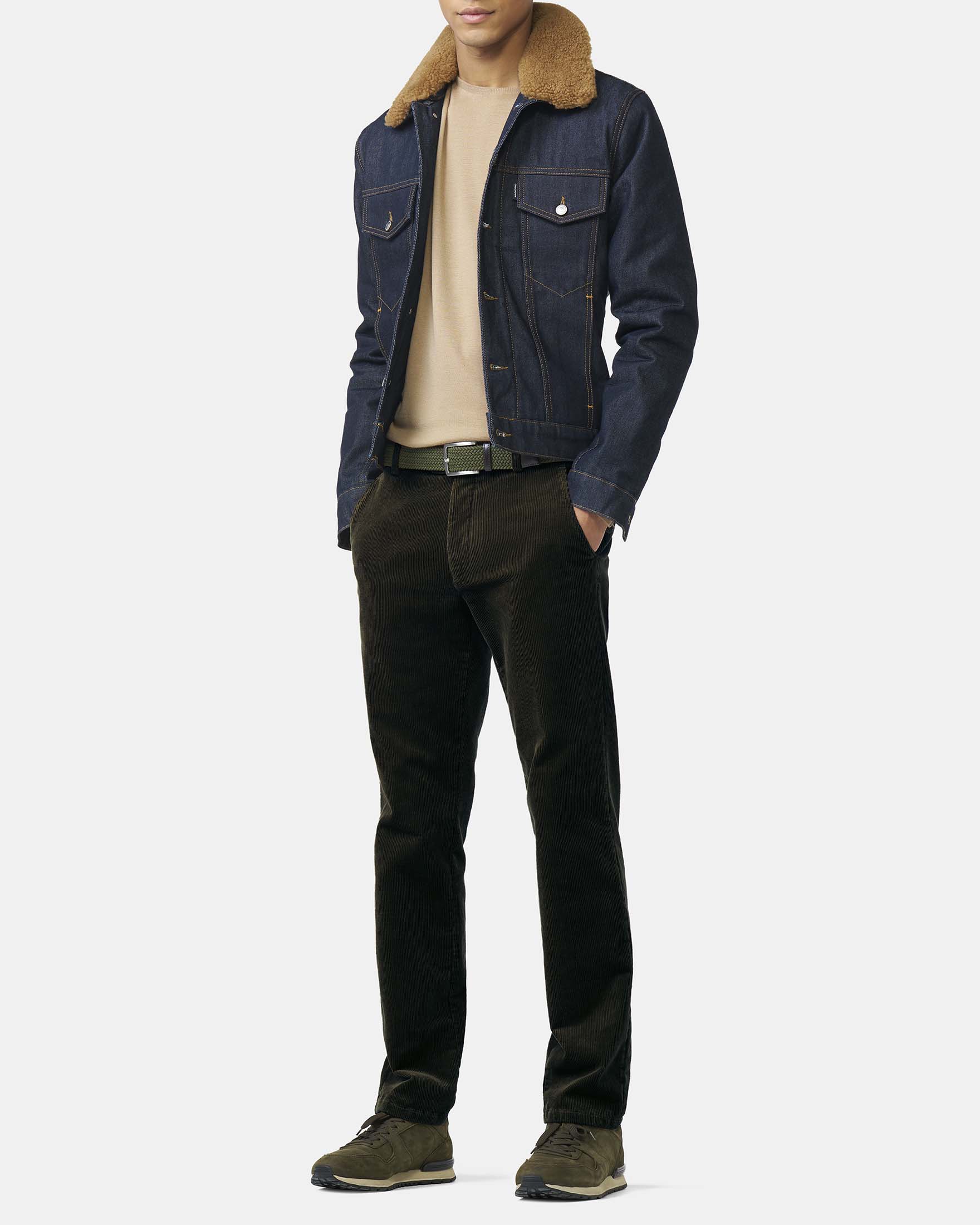 Pantalone Meyer Bonn verde scuro in velluto di cotone stretch a gamba dritta