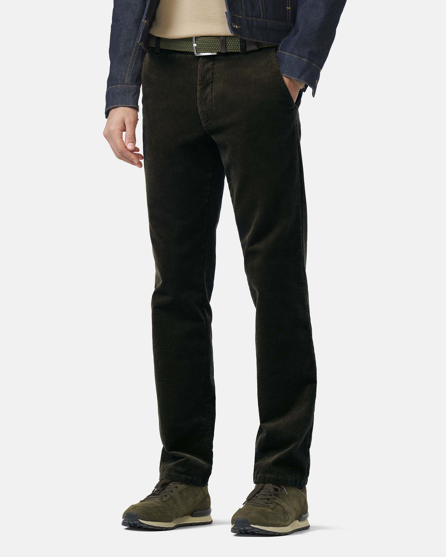 Pantalone Meyer Bonn verde scuro in velluto di cotone stretch a gamba dritta image