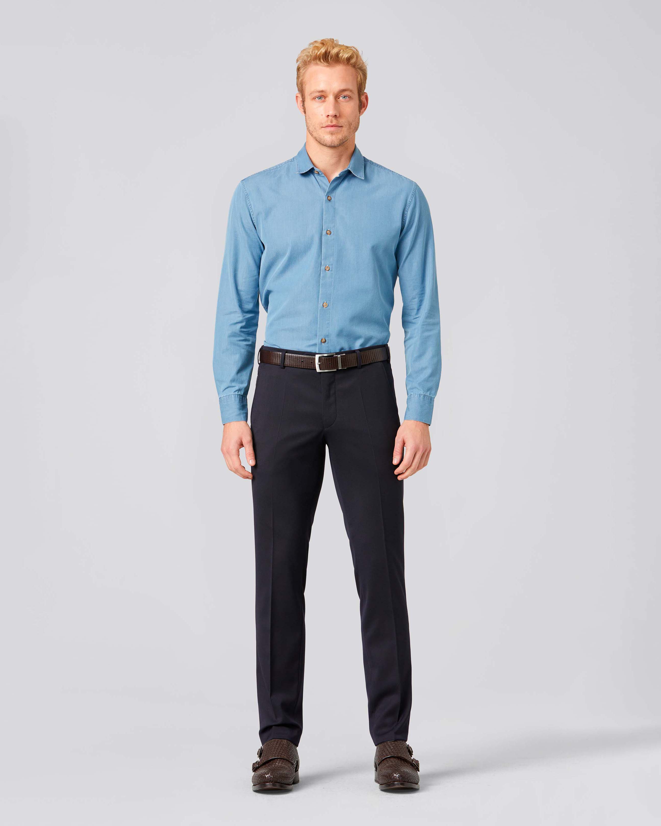 Pantalone Meyer Bonn blu in sallia di misto lana stretch a gamba dritta