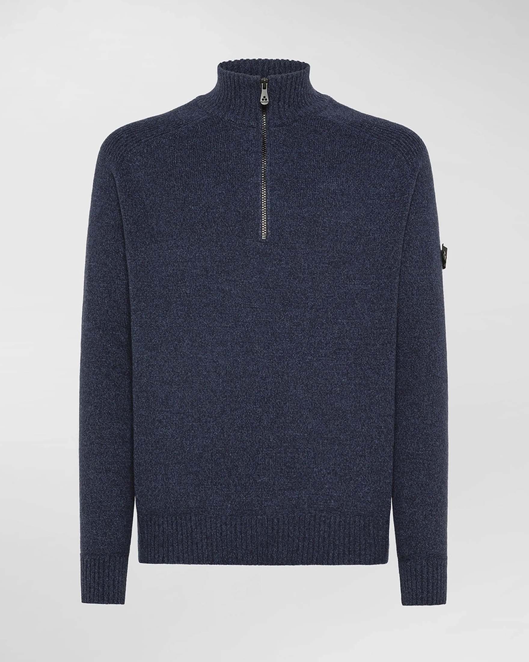 Maglia Braille Peuterey blu in tricot di misto lana moulinè con apertura a mezza zip