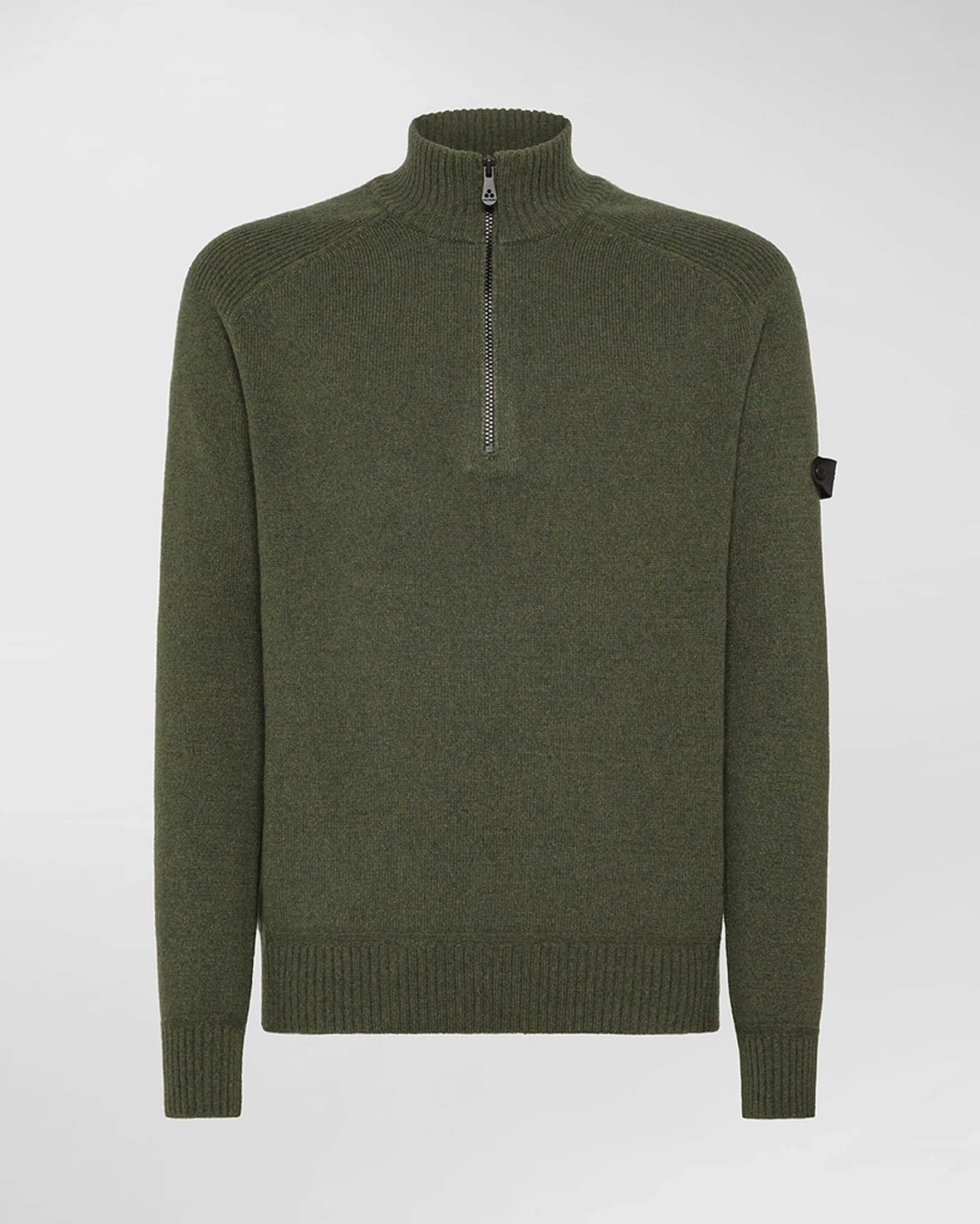 Maglia Braille Peuterey verde militare in tricot di misto lana moulinè con apertura a mezza zip