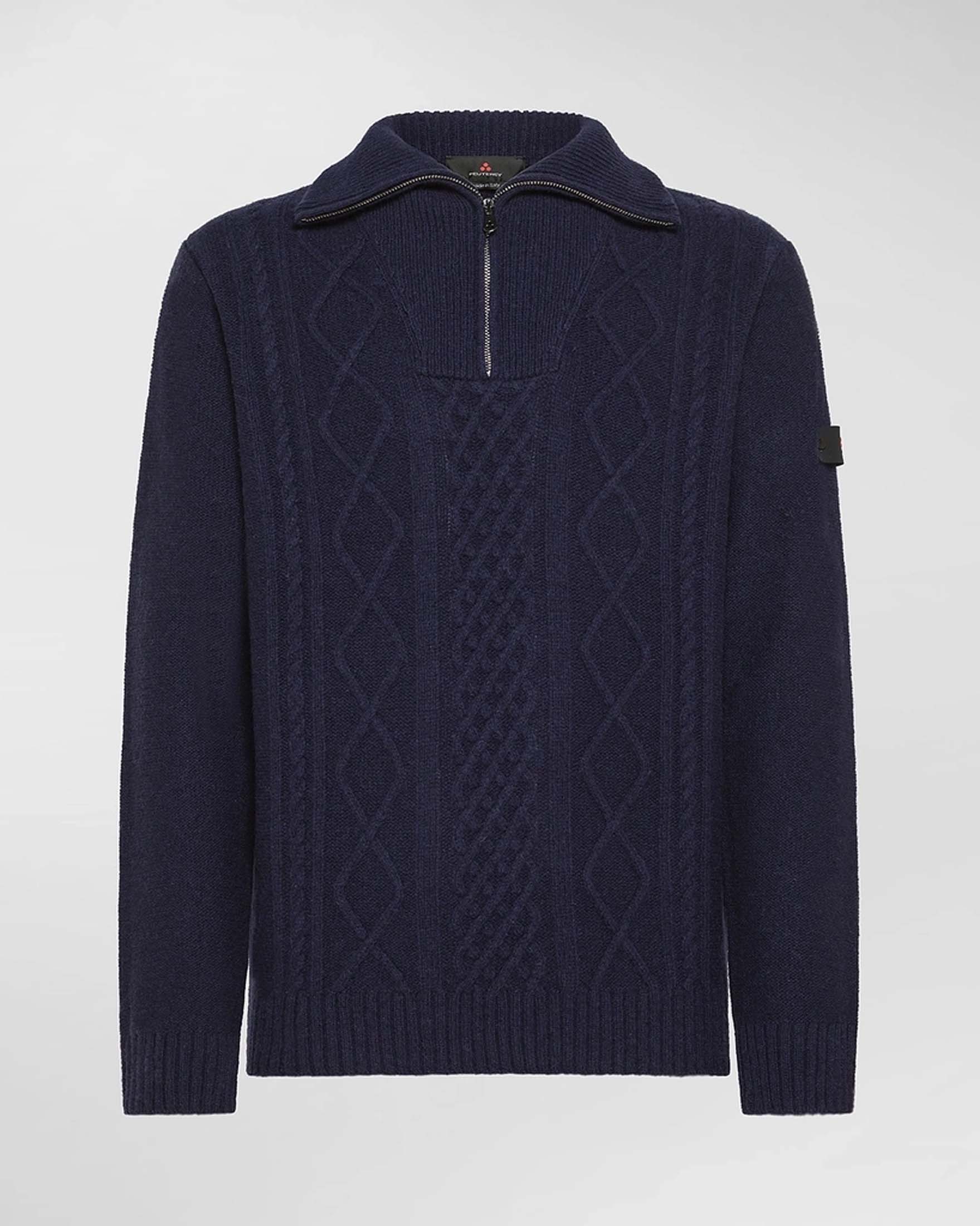 Maglione Elgin Peuterey blu in pura lana Shetland lavorato a trecce con apertura a mezza zip