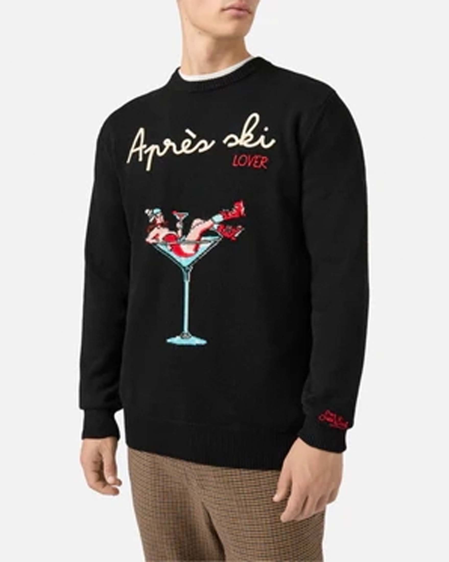 Maglia girocollo MC2 Saint Barth nera in lana e cashmere con grafica Après ski Lover