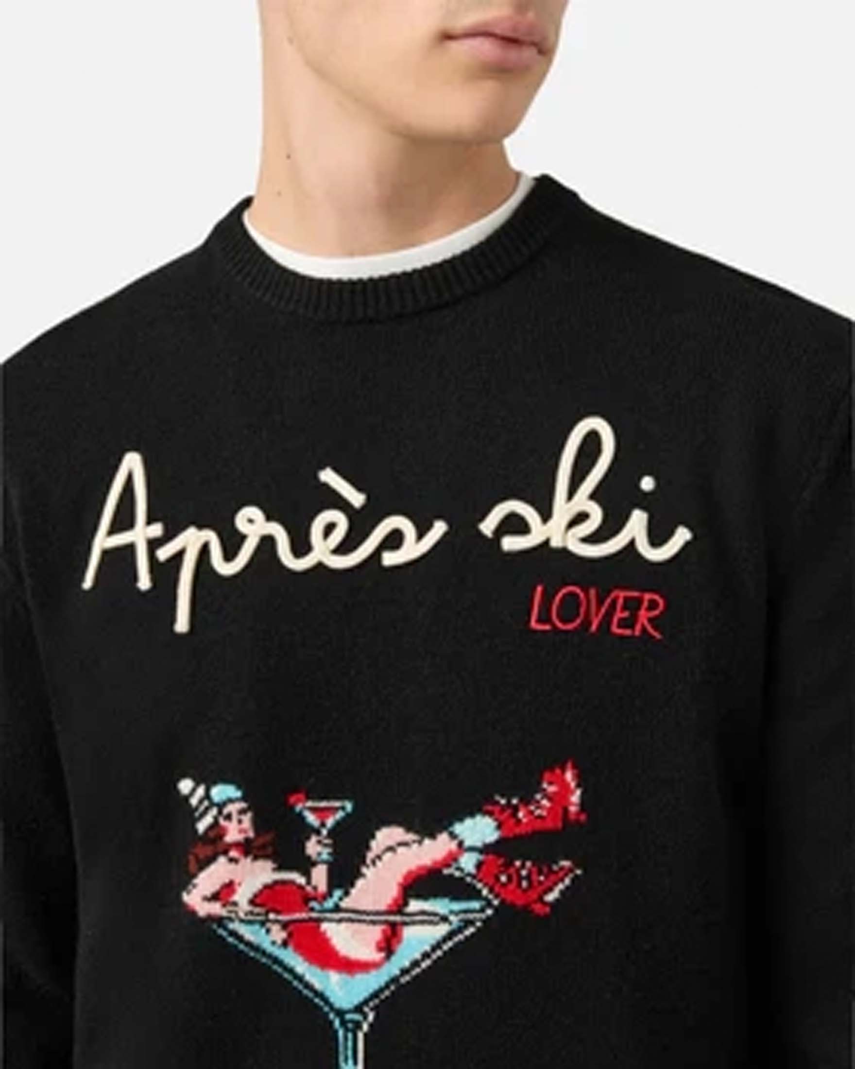 Maglia girocollo MC2 Saint Barth nera in lana e cashmere con grafica Après ski Lover image