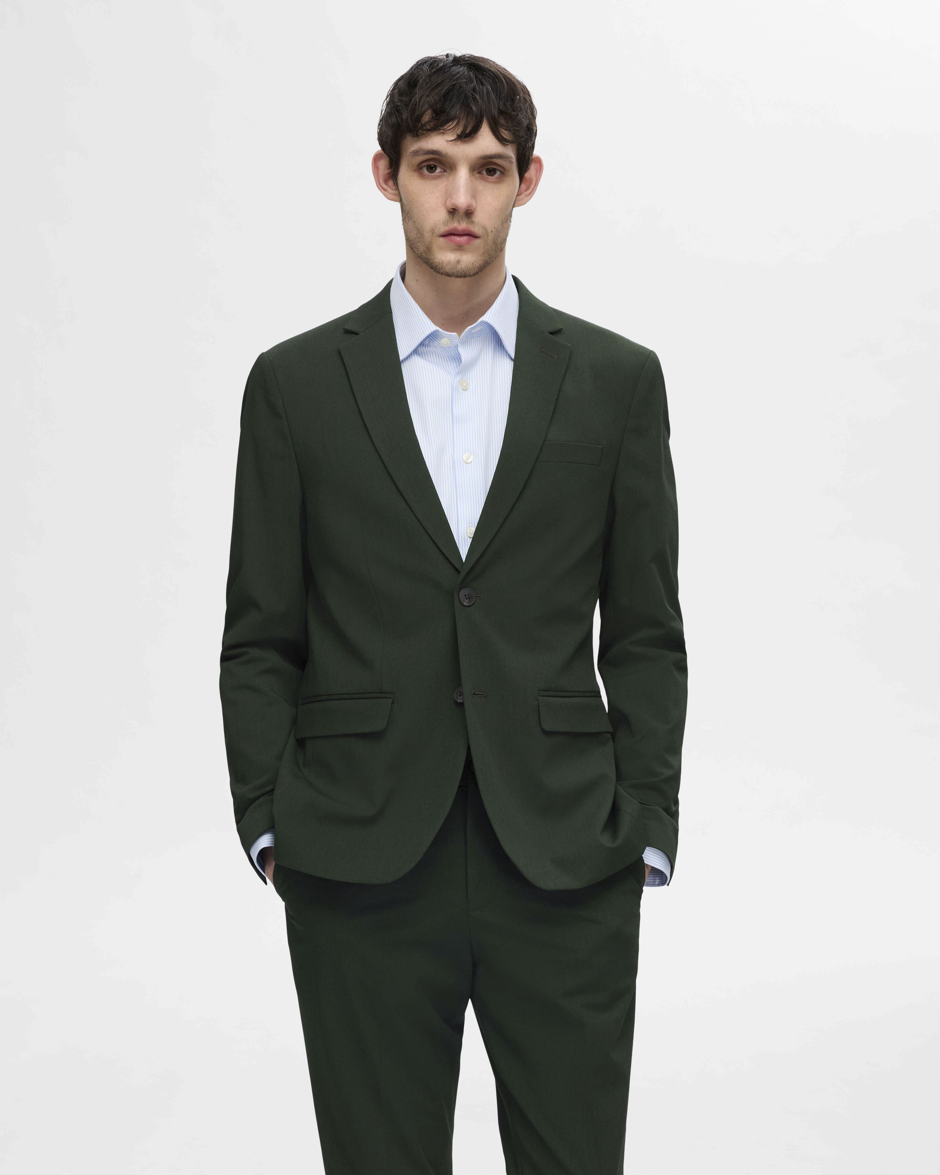 Blazer Selected Homme verde scuro in tela di misto viscosa stretch con chiusura monopetto