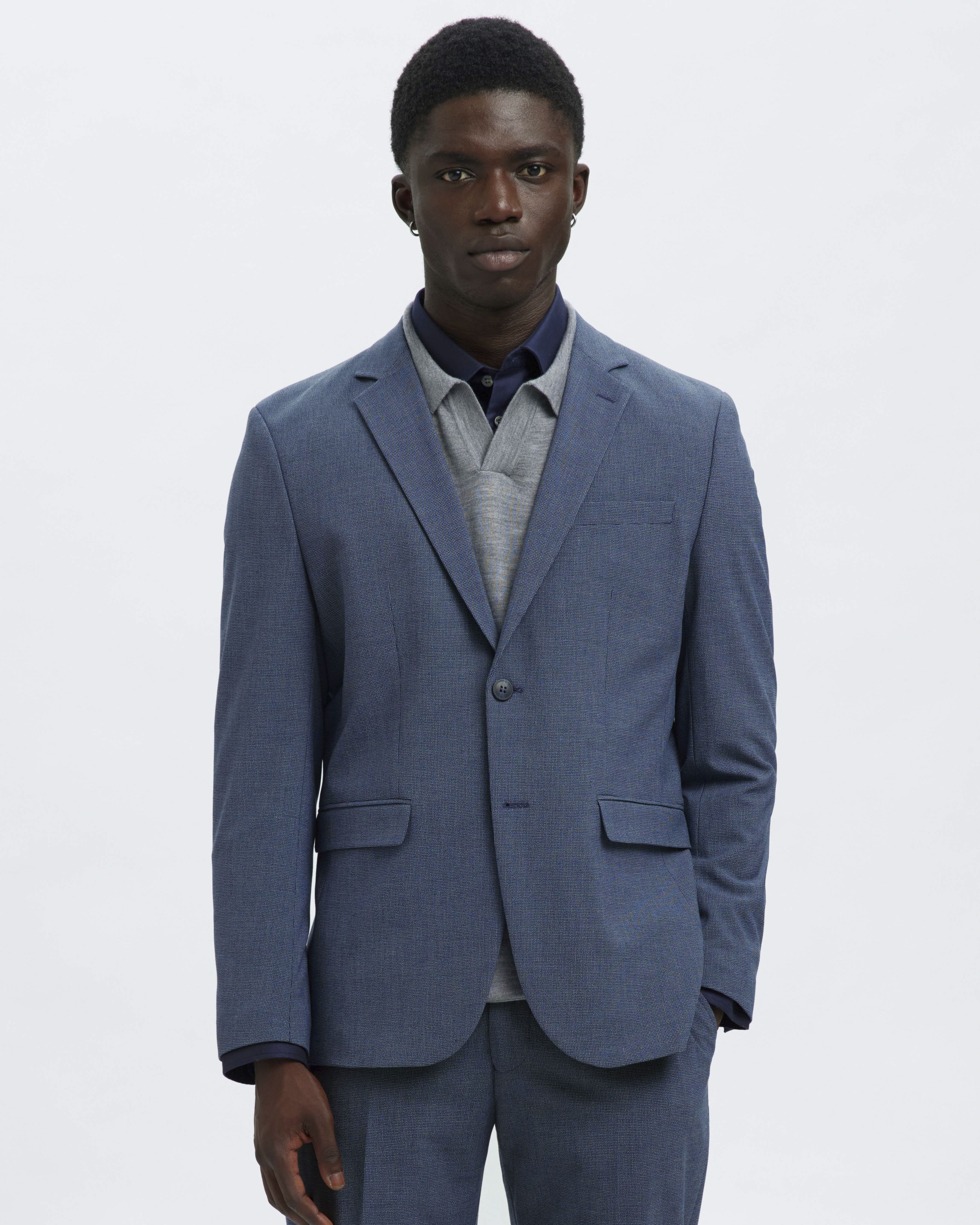 Blazer Selected Homme blu avio in tela di misto viscosa stretch micro armatura con chiusura monopetto