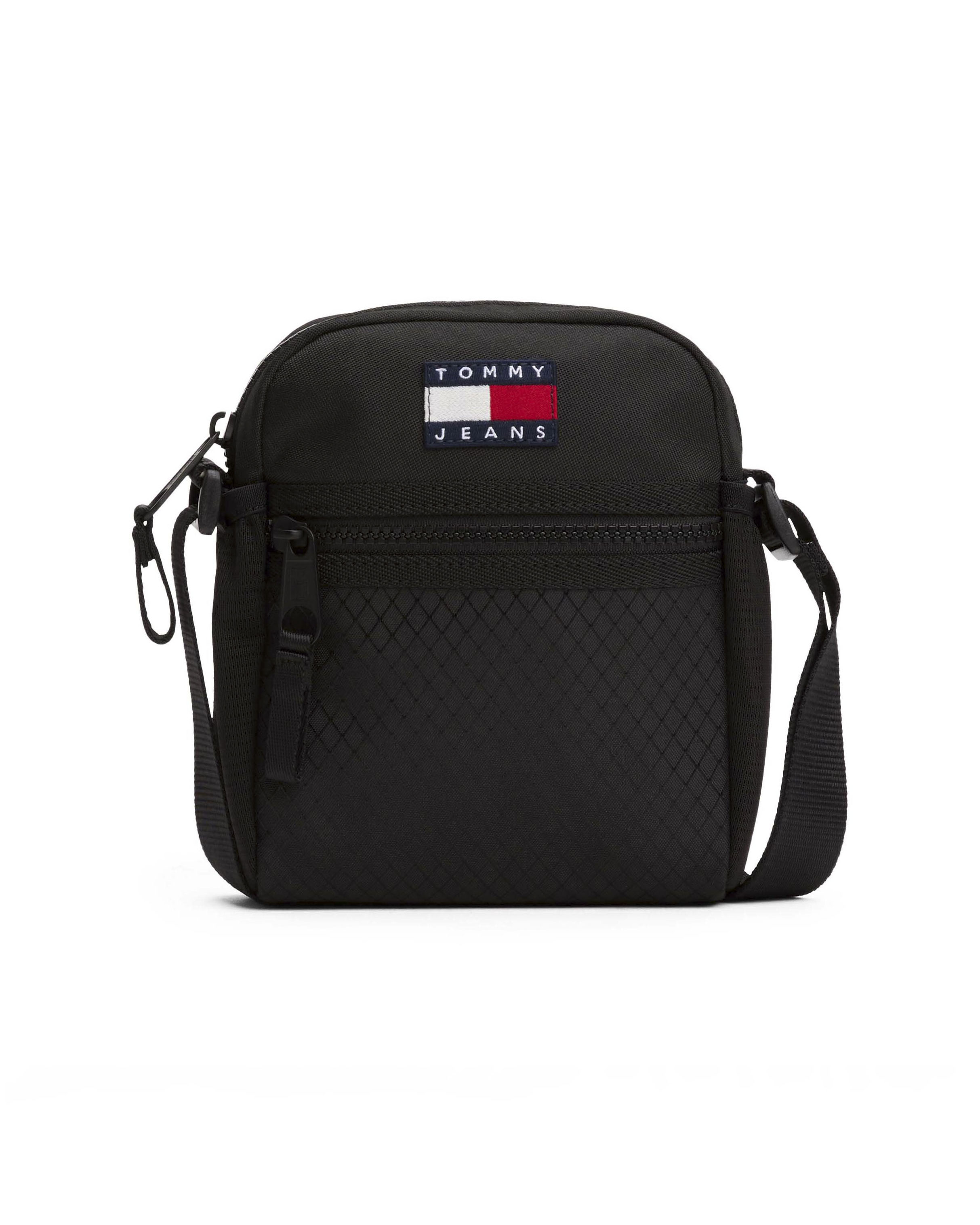 Borsa reporter piccola Tommy Jeans nera con tessuto a rombi