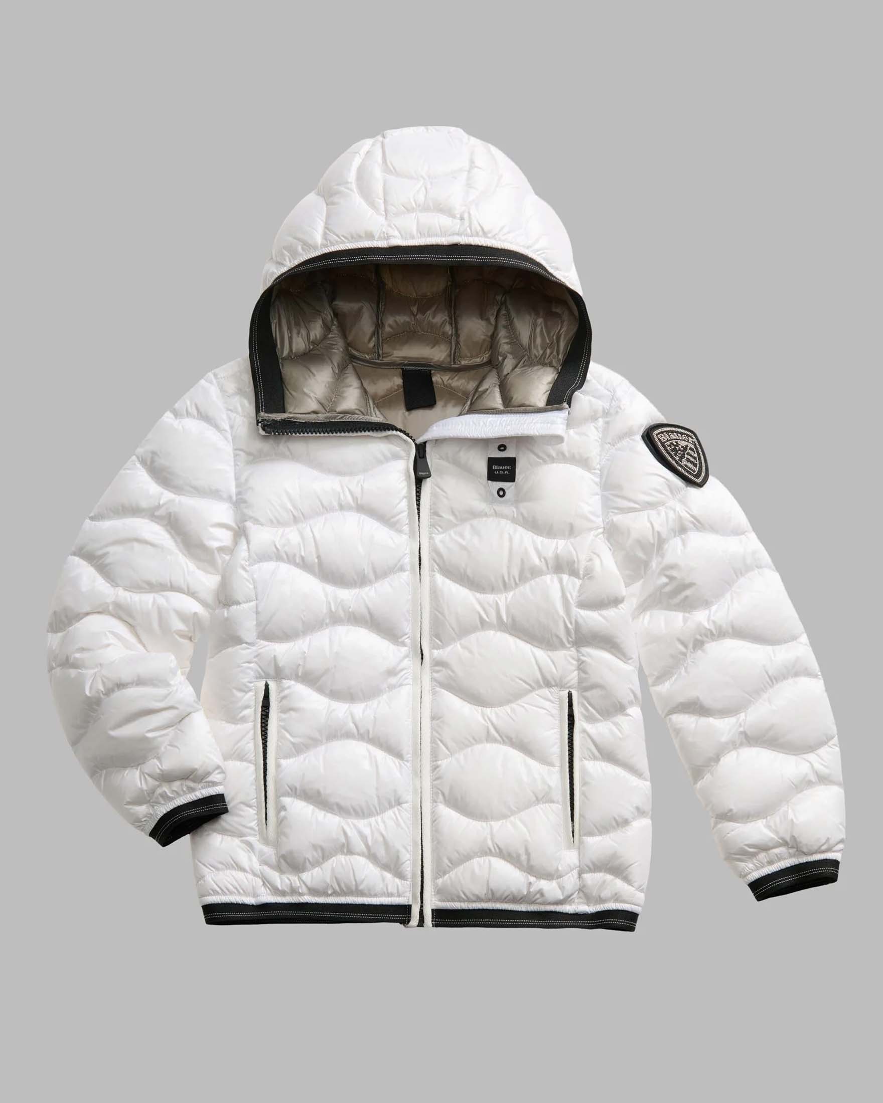 Piumino Lowell Blauer bianco in nylon trapuntato con cappuccio e patch scudo con strass