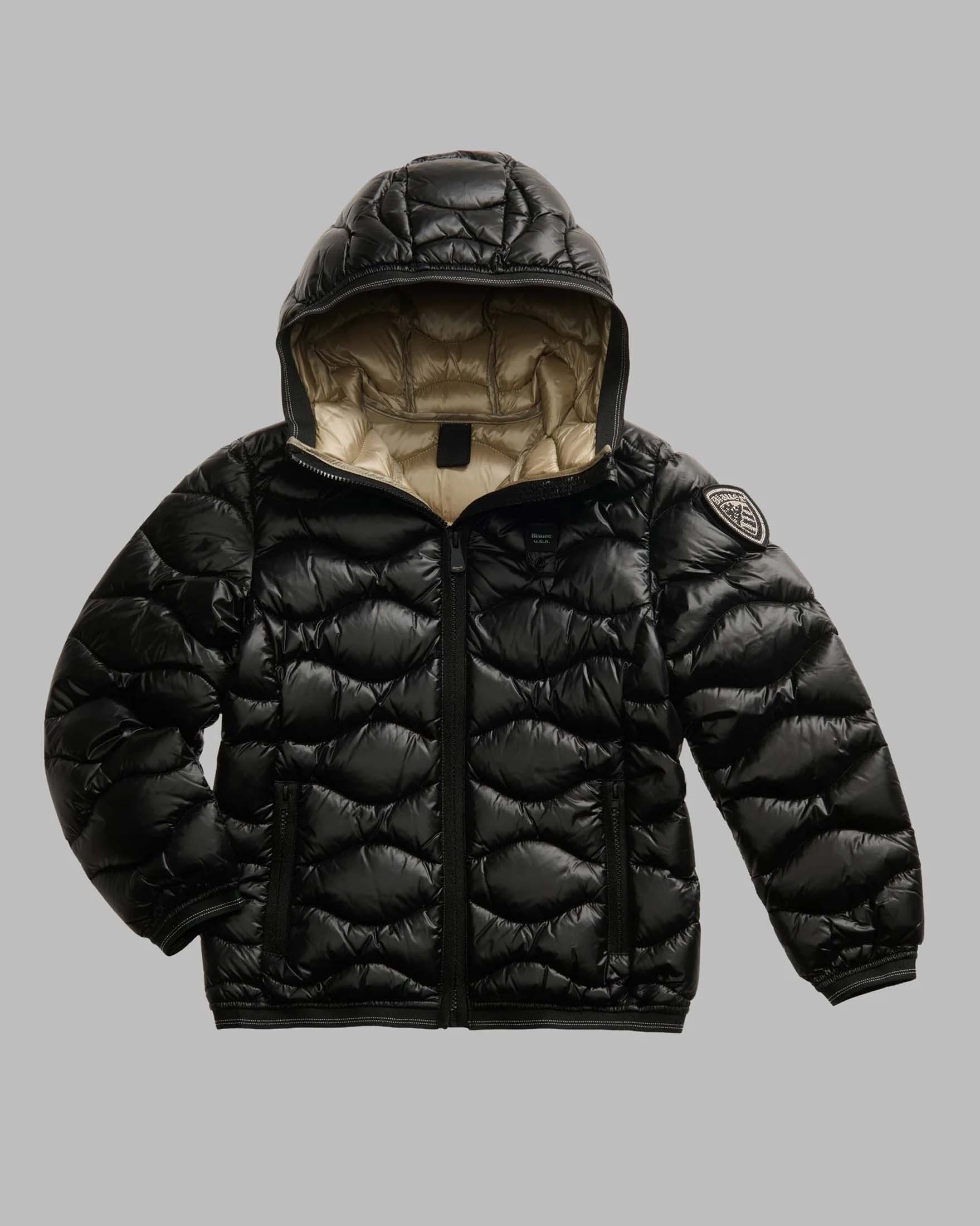 Piumino Lowell Blauer nero in nylon trapuntato con cappuccio e patch scudo con strass