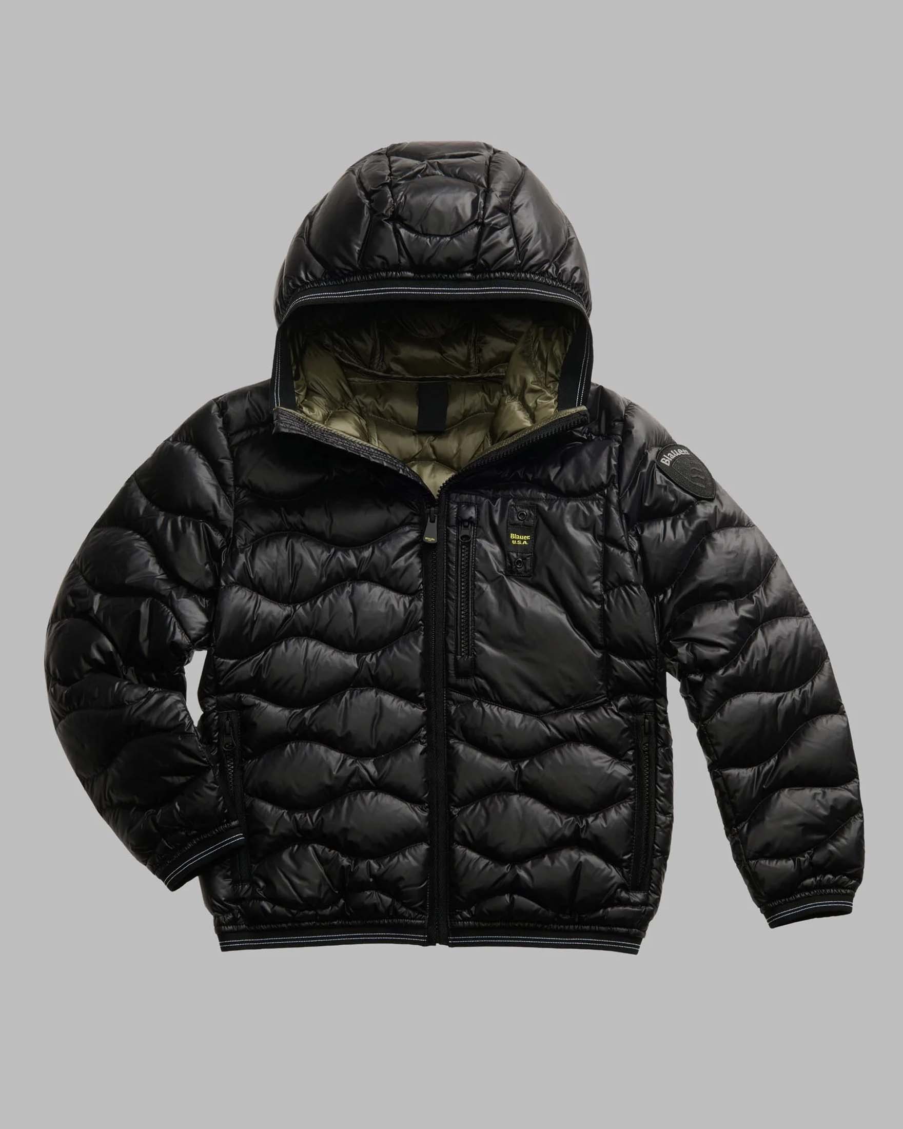 Piumino Blauer Brinton nero in nylon trapuntato a onde con cappuccio e zip