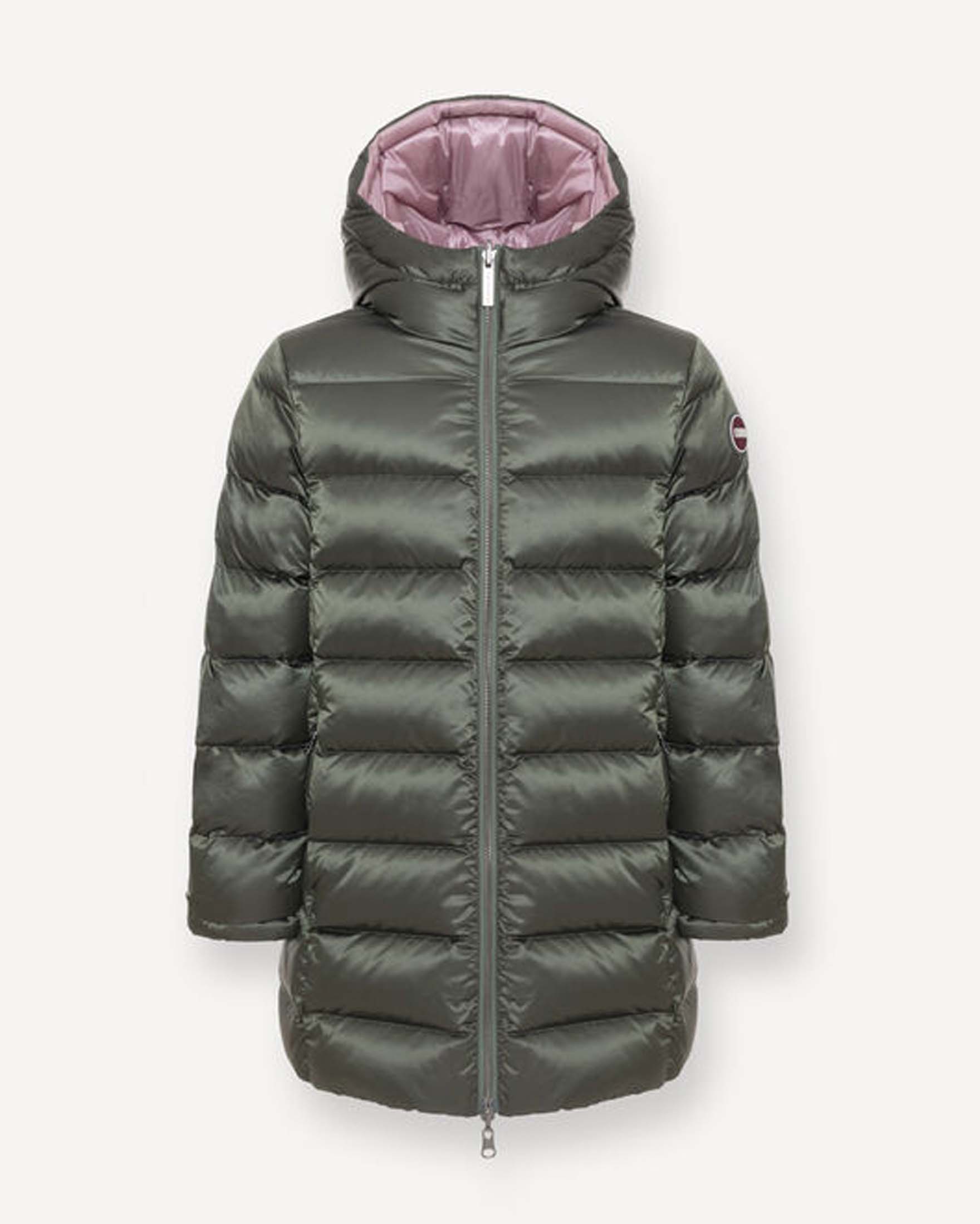 Piumino lungo Colmar verde e lilla reversibile con cappuccio fisso