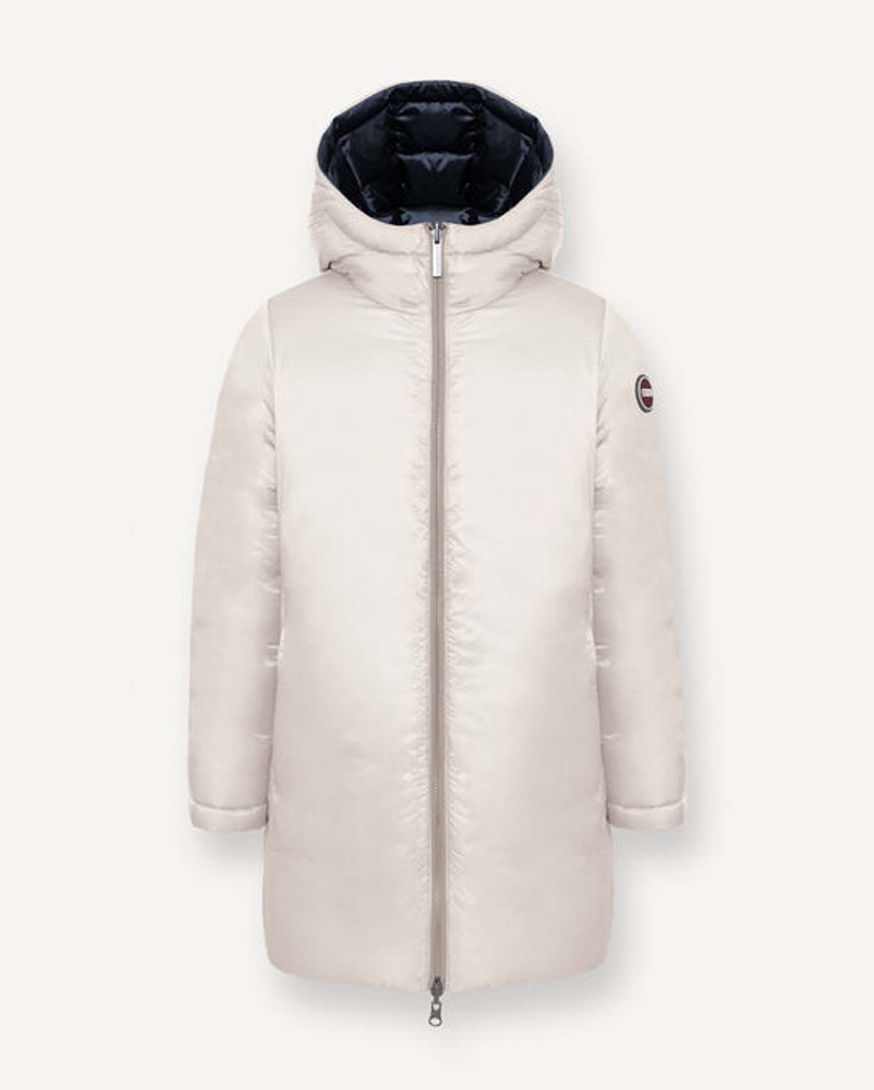 Piumino lungo Colmar blu e avorio reversibile con cappuccio fisso image