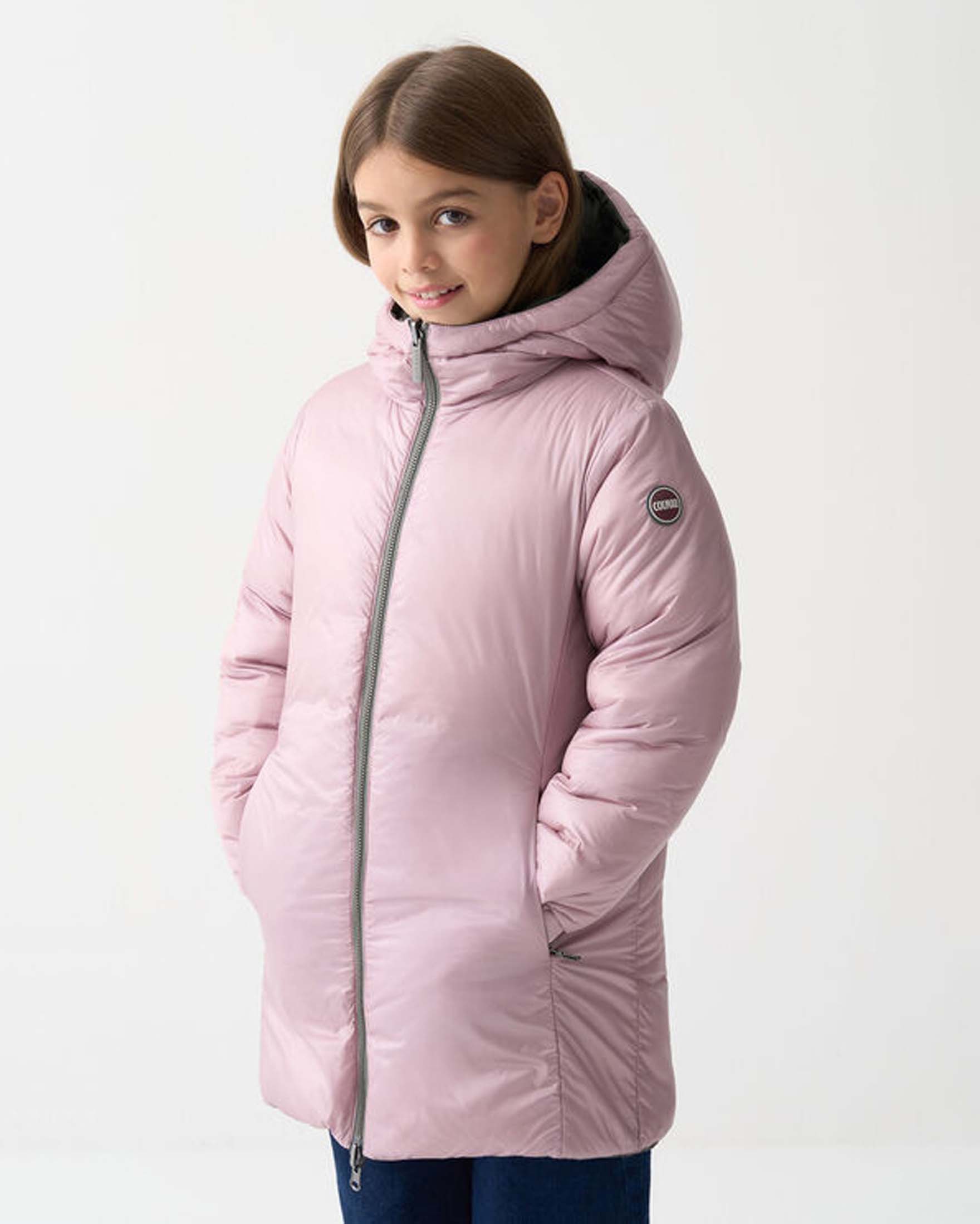 Piumino lungo Colmar verde e lilla reversibile con cappuccio fisso image