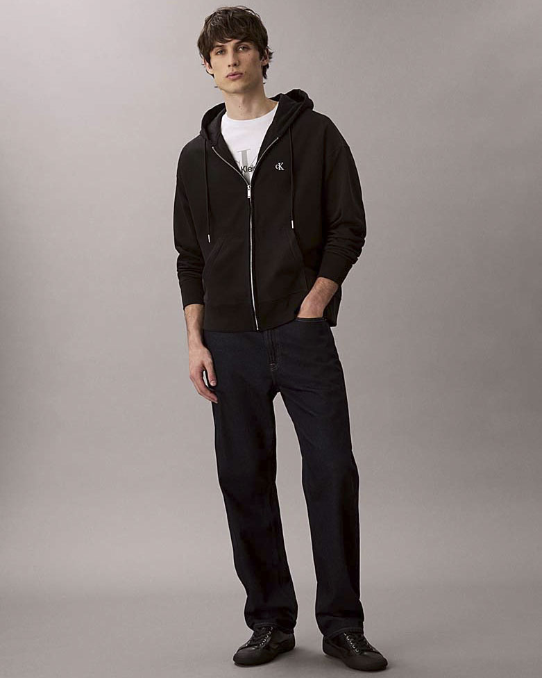 Felpa relaxed-fit Calvin Klein Jeans nera in cotone con cappuccio e chiusura zip
