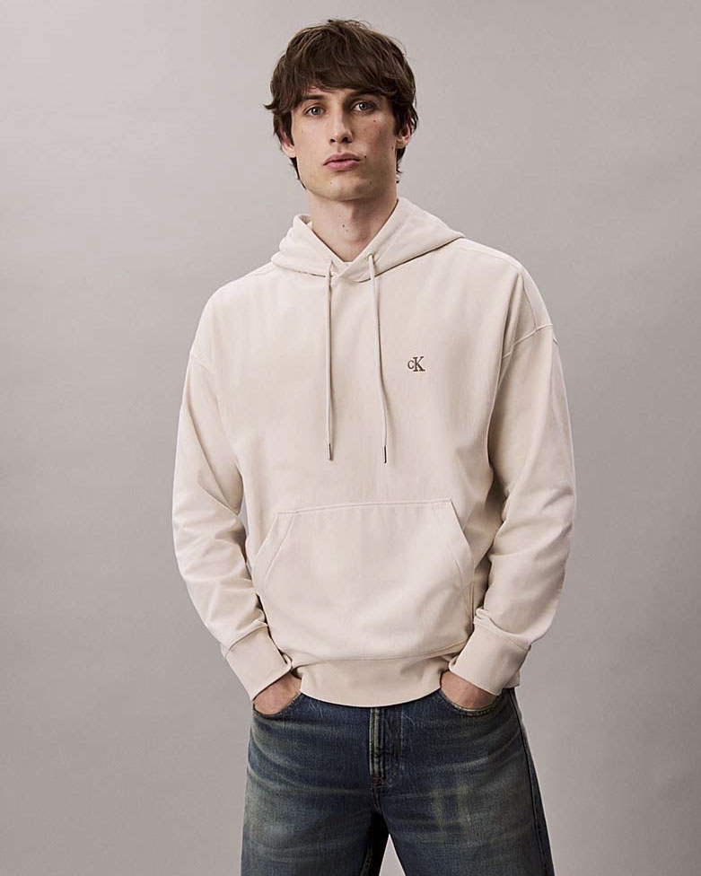 Felpa relaxed-fit Calvin Klein Jeans panna in cotone con cappuccio