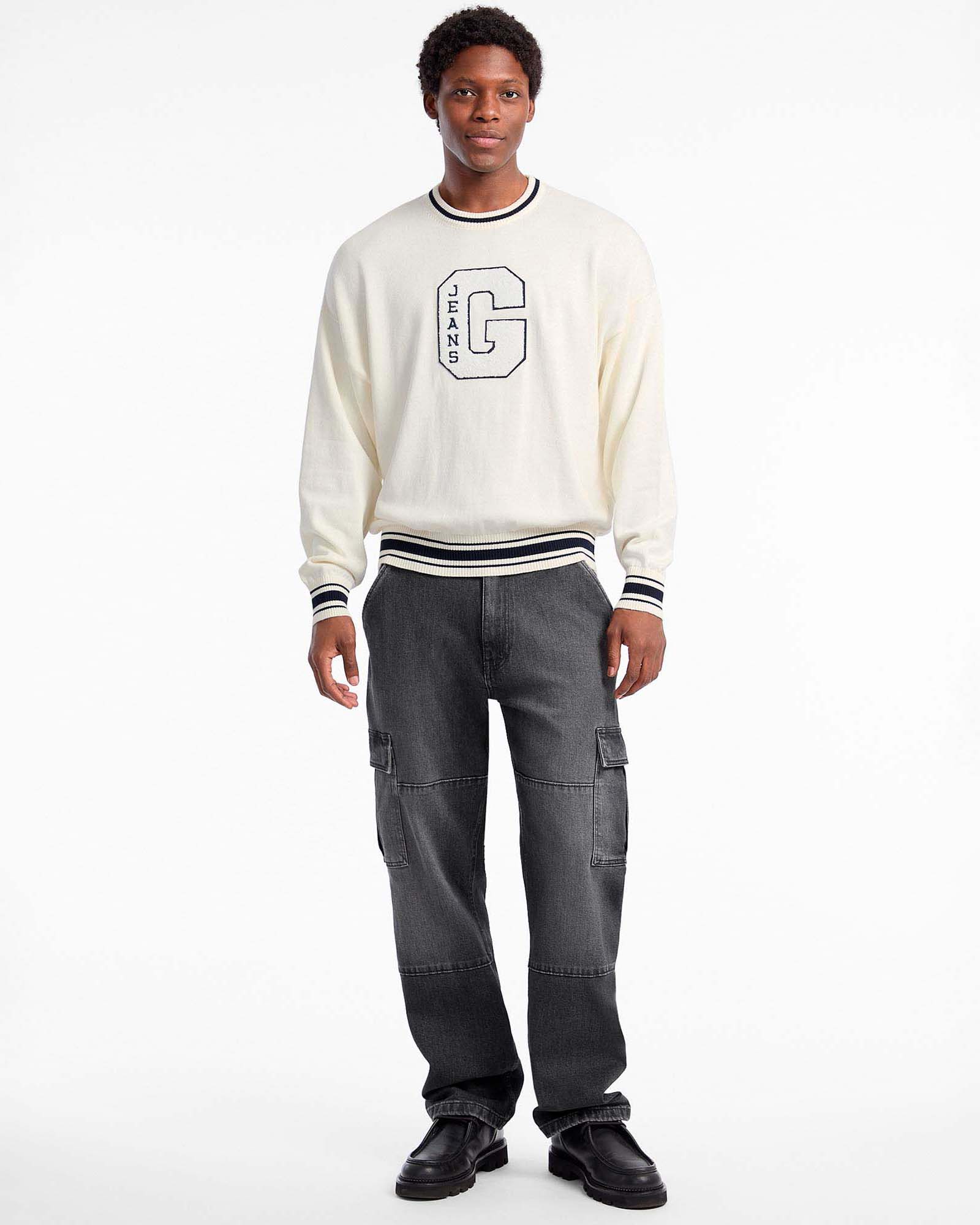 Maglioncino girocollo Guess Jeans bianco in puro cotone con logo G in spugna