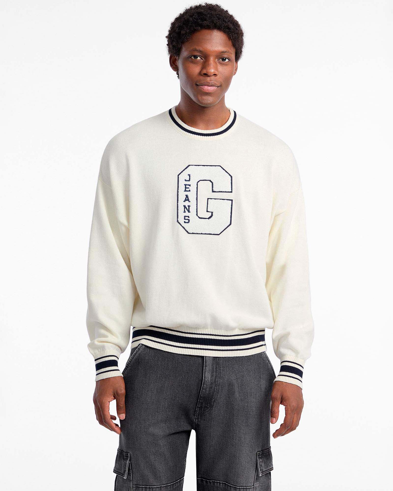 Maglioncino girocollo Guess Jeans bianco in puro cotone con logo G in spugna image