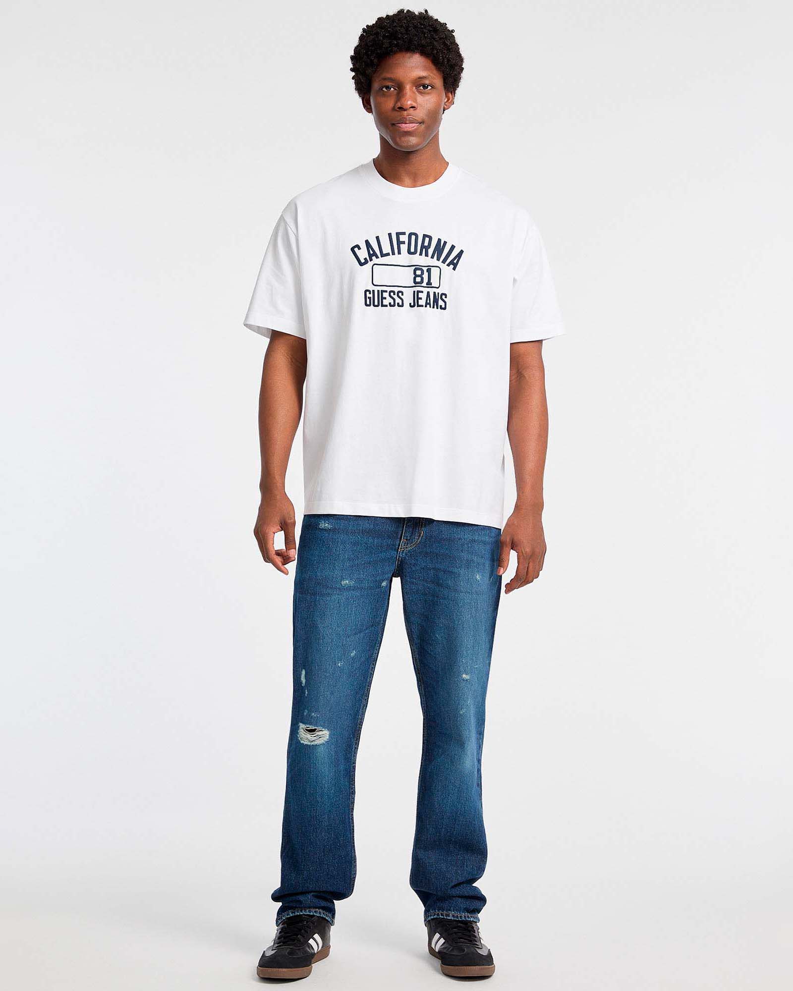 T-shirt mezza manica regular-fit Guess Jeans bianca in puro cotone con logo e scritta California