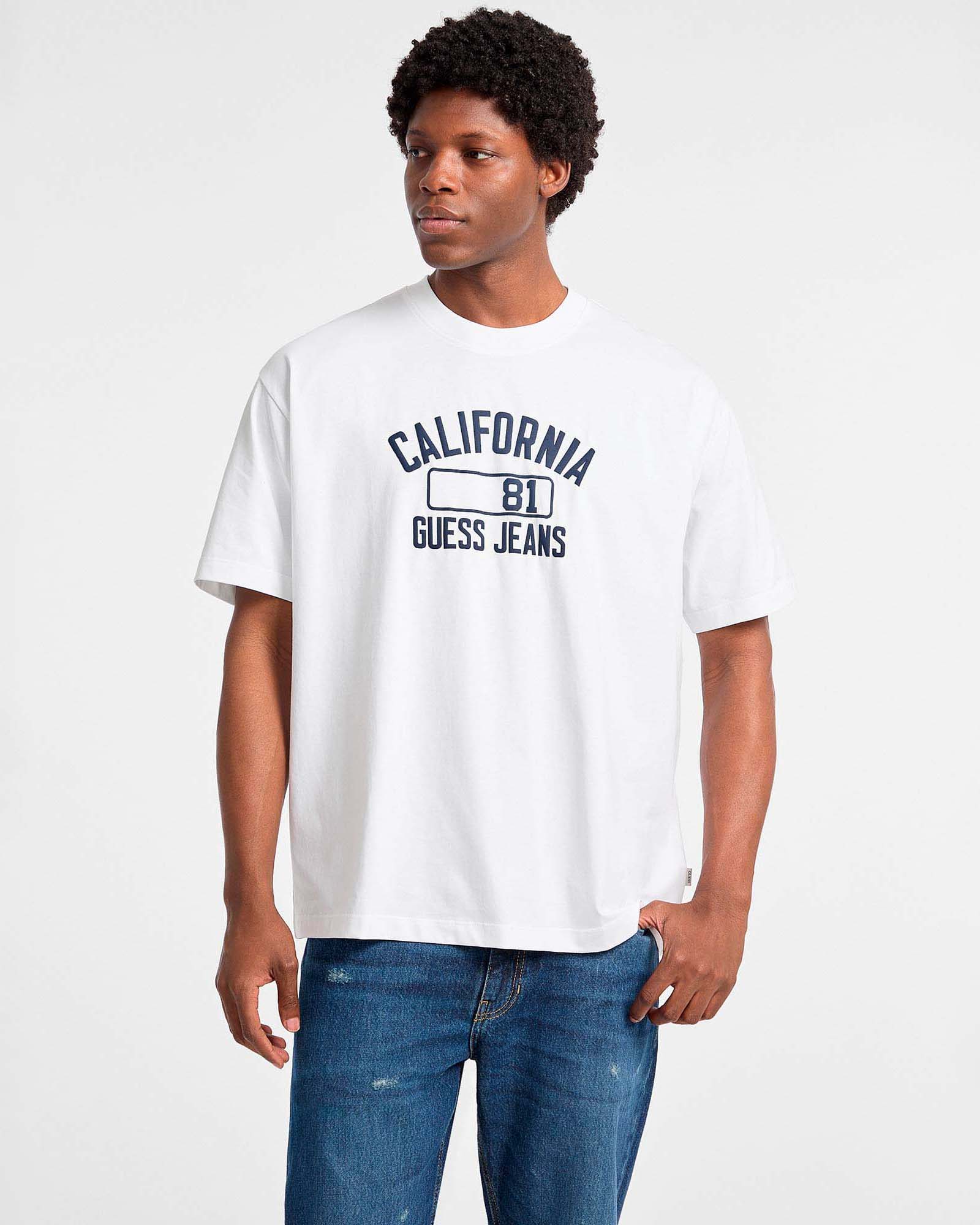 T-shirt mezza manica regular-fit Guess Jeans bianca in puro cotone con logo e scritta California image