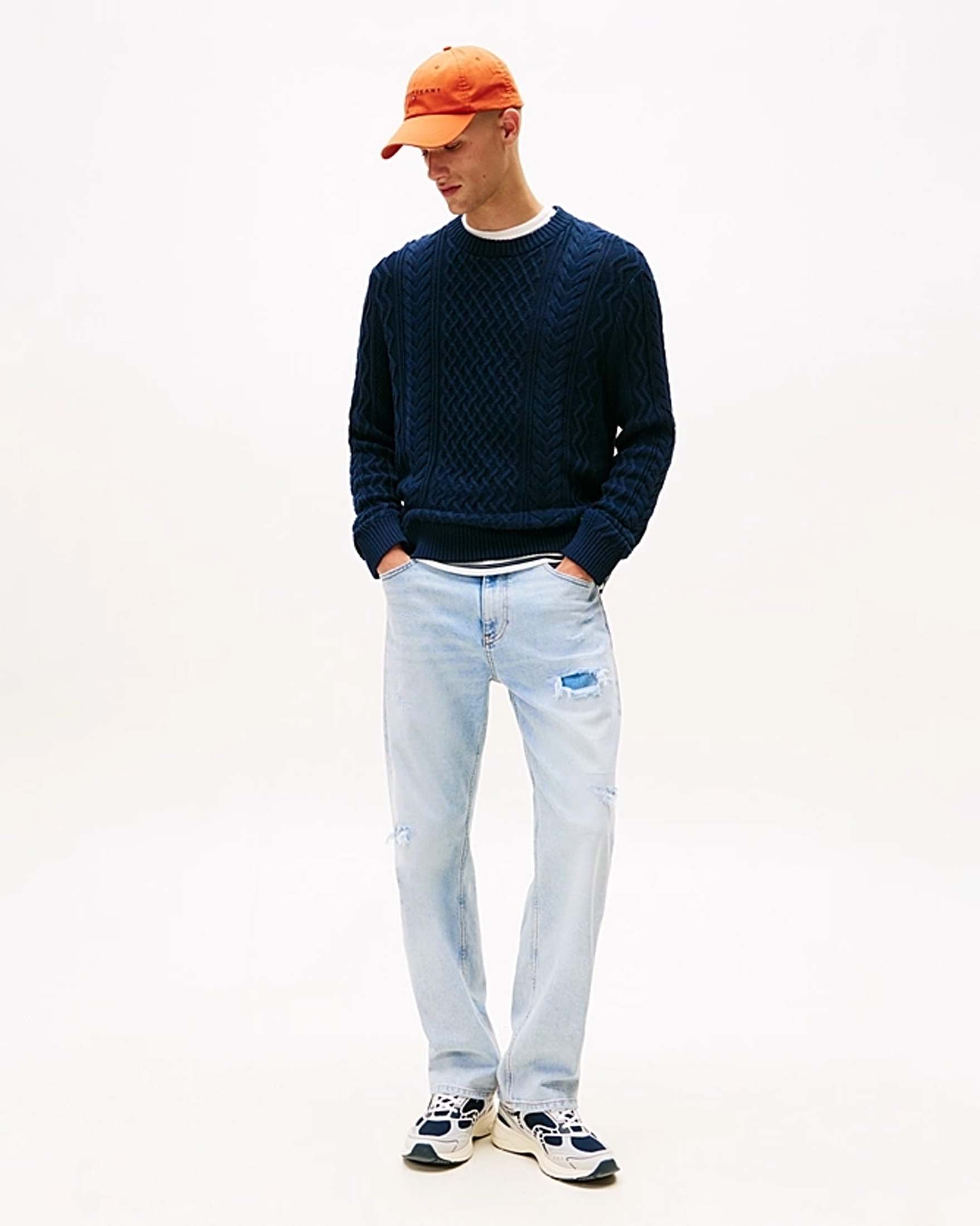 Maglione girocollo Tommy Jeans blu in puro cotone lavorato a trecce