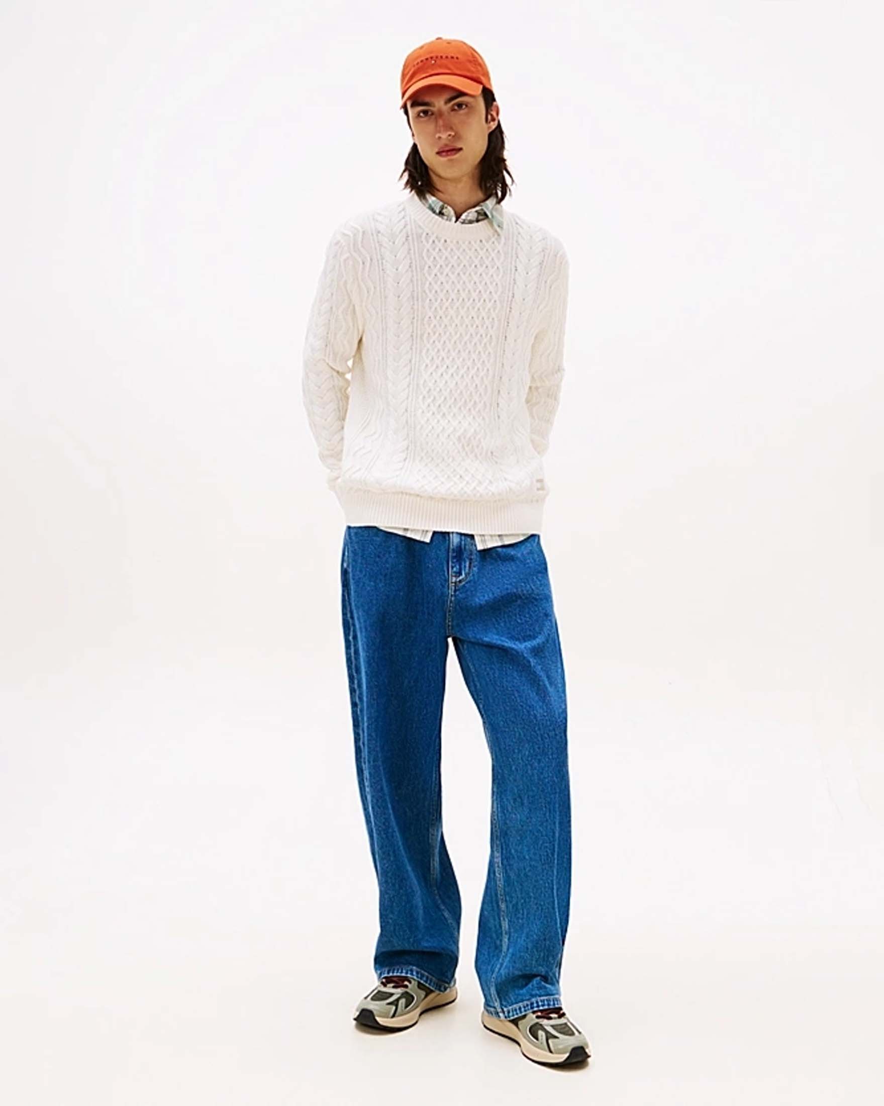 Maglione girocollo Tommy Jeans bianco in puro cotone lavorato a trecce