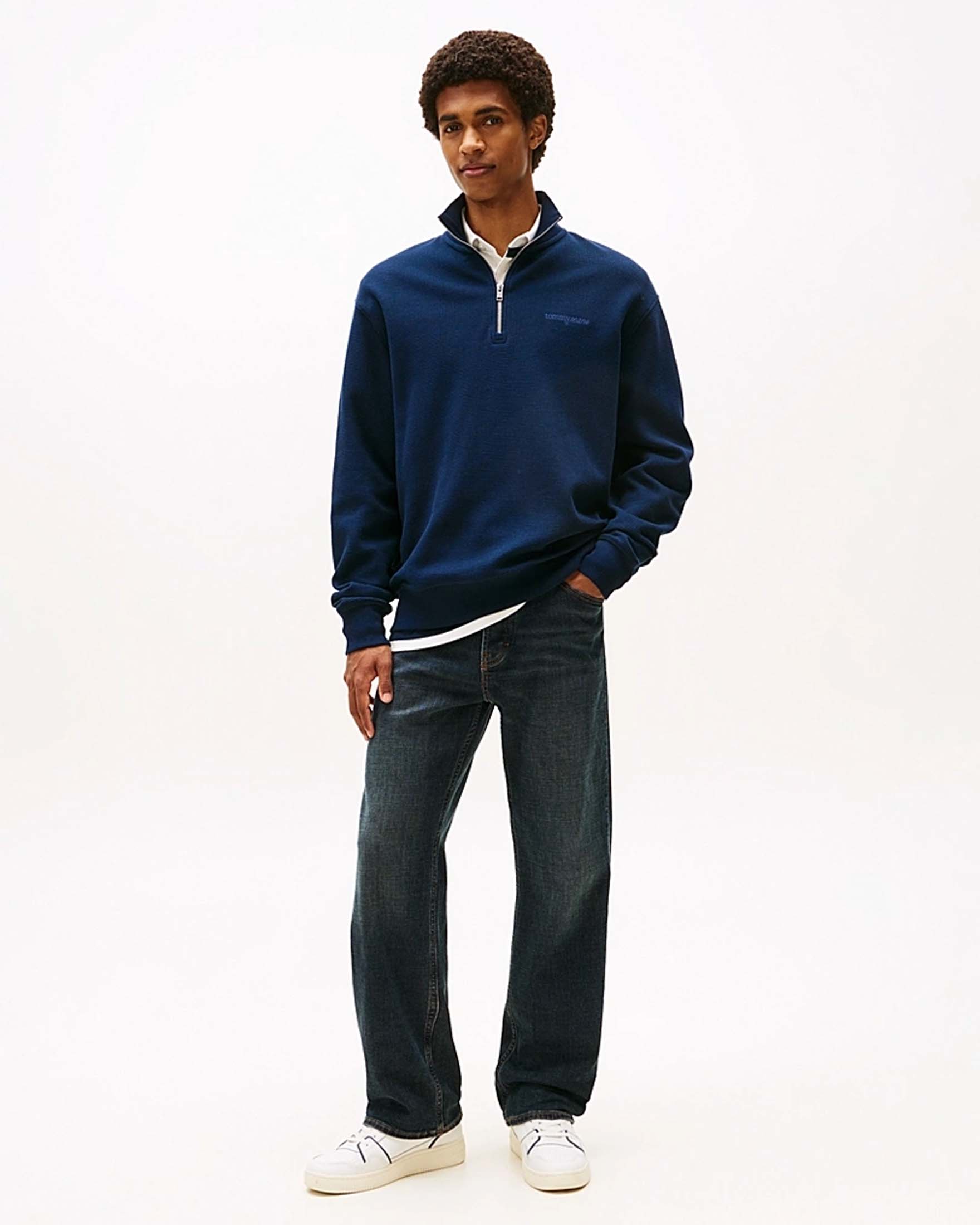 Maglia Tommy Jeans blu in puro cotone a nido d'ape con apertura a mezza zip