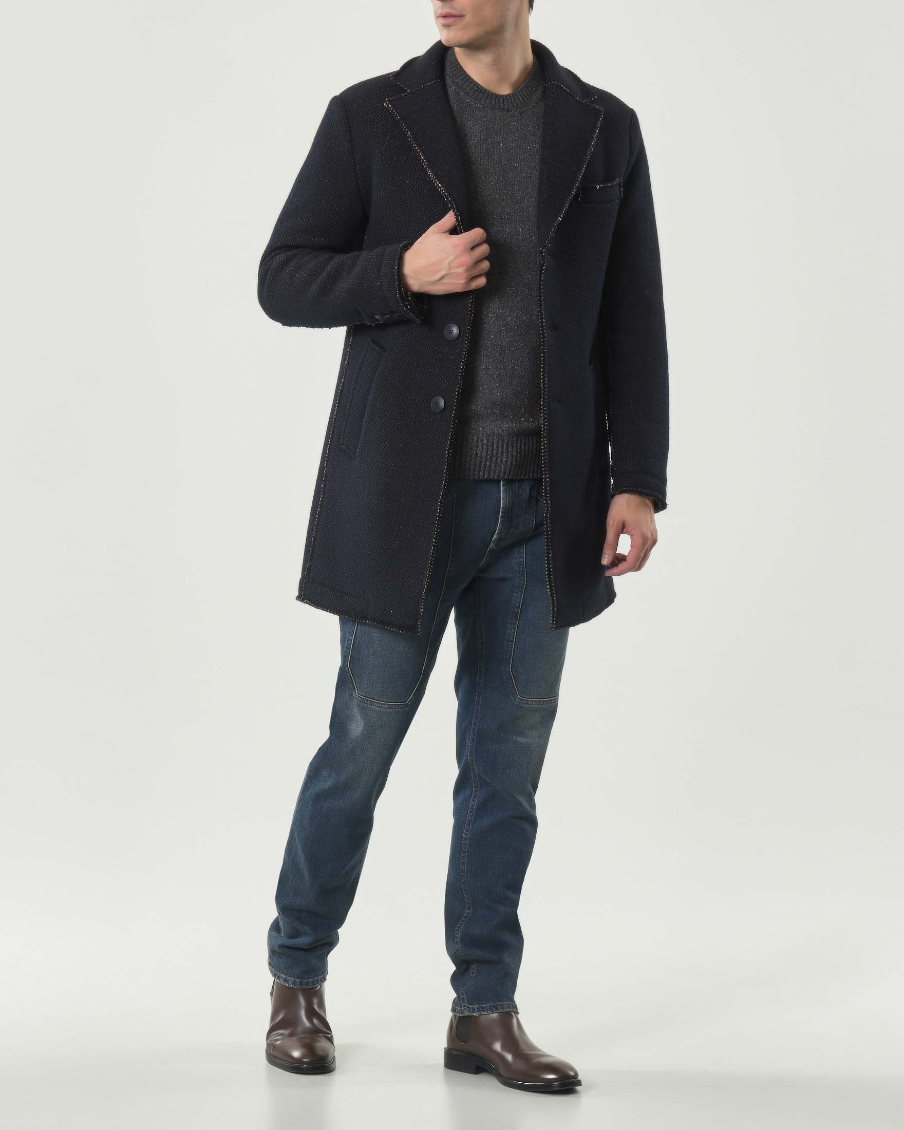 Cappotto A.F.F. blu taglio a vivo in tessuto di misto lana e cotone armaturato