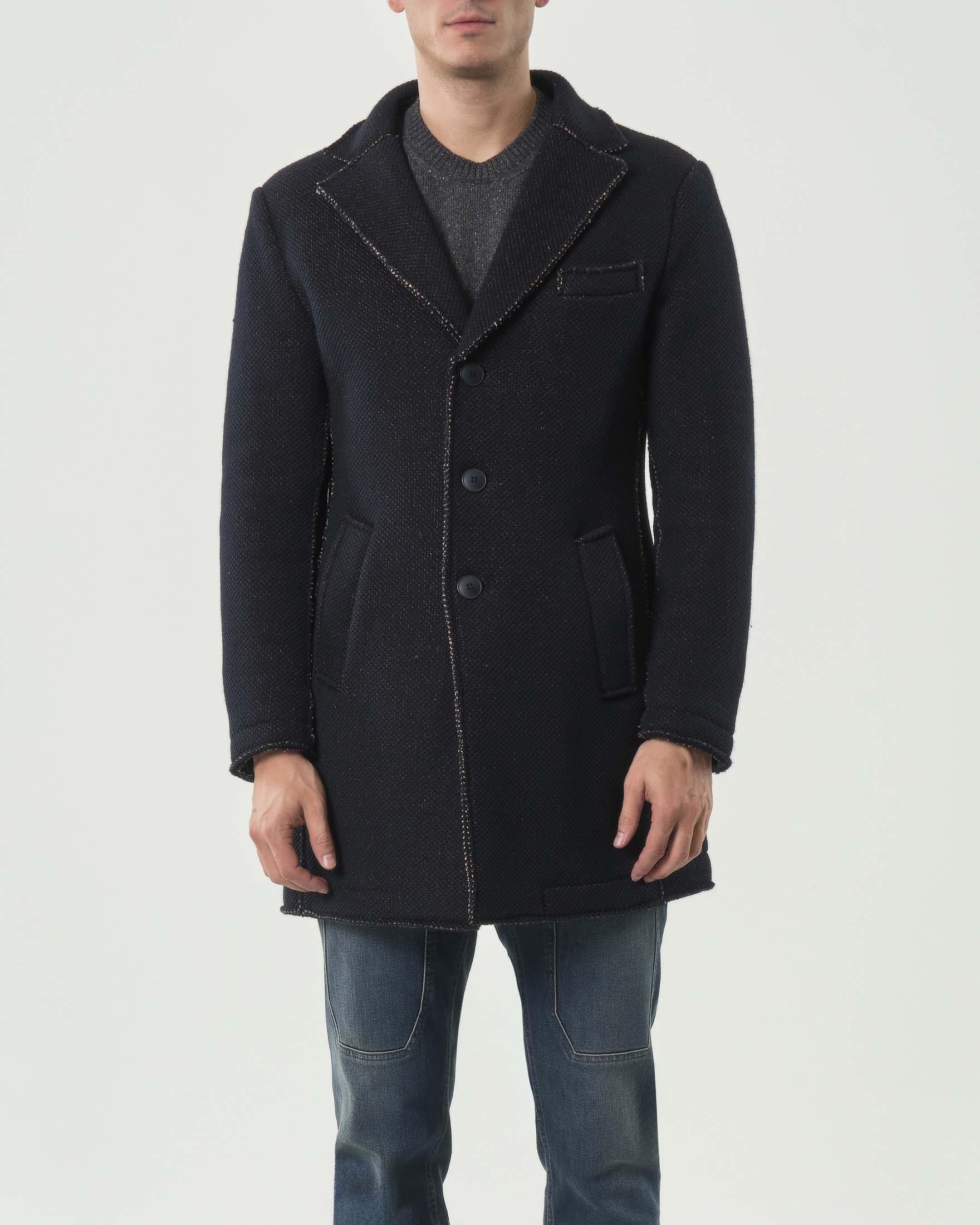 Cappotto A.F.F. blu taglio a vivo in tessuto di misto lana e cotone armaturato image