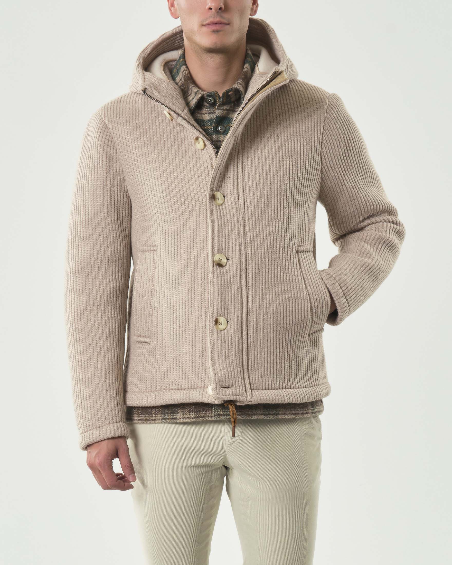 Giubbino A.F.F. beige in maglia a coste con cappuccio e bottoni image