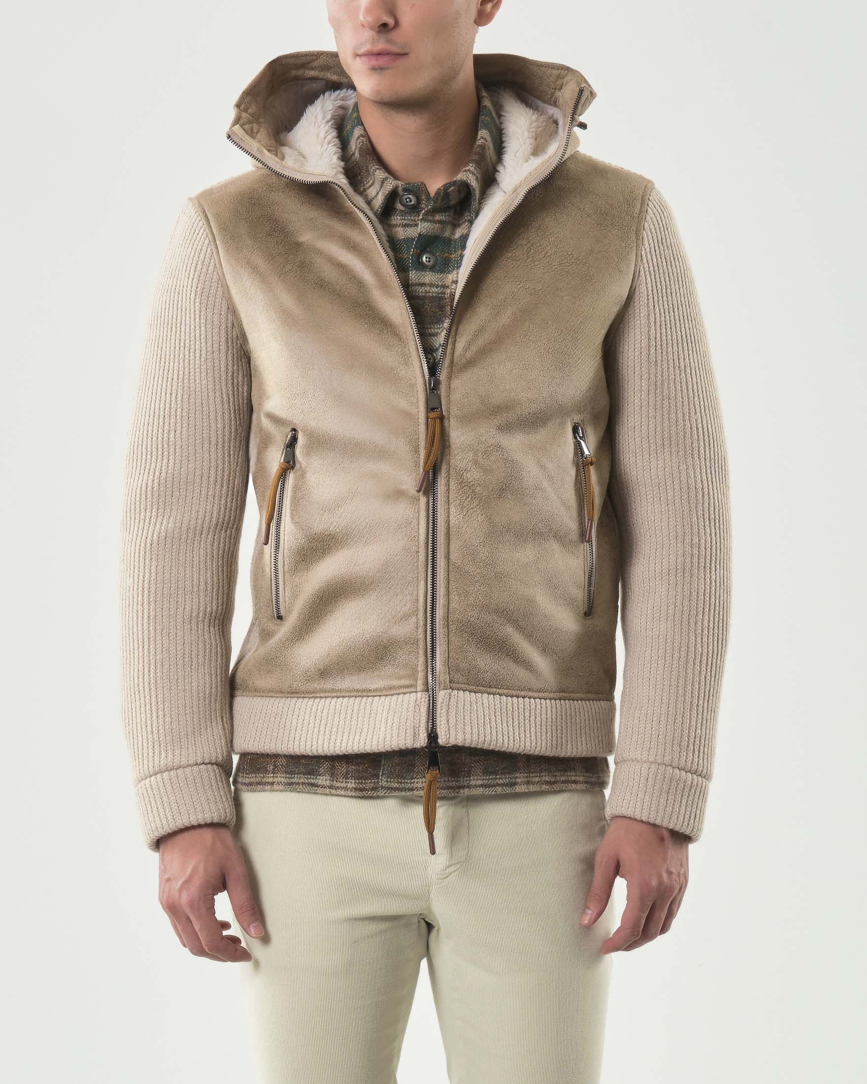 Giubbino A.F.F. beige in maglia a coste e suede con cappuccio e chiusura zip image