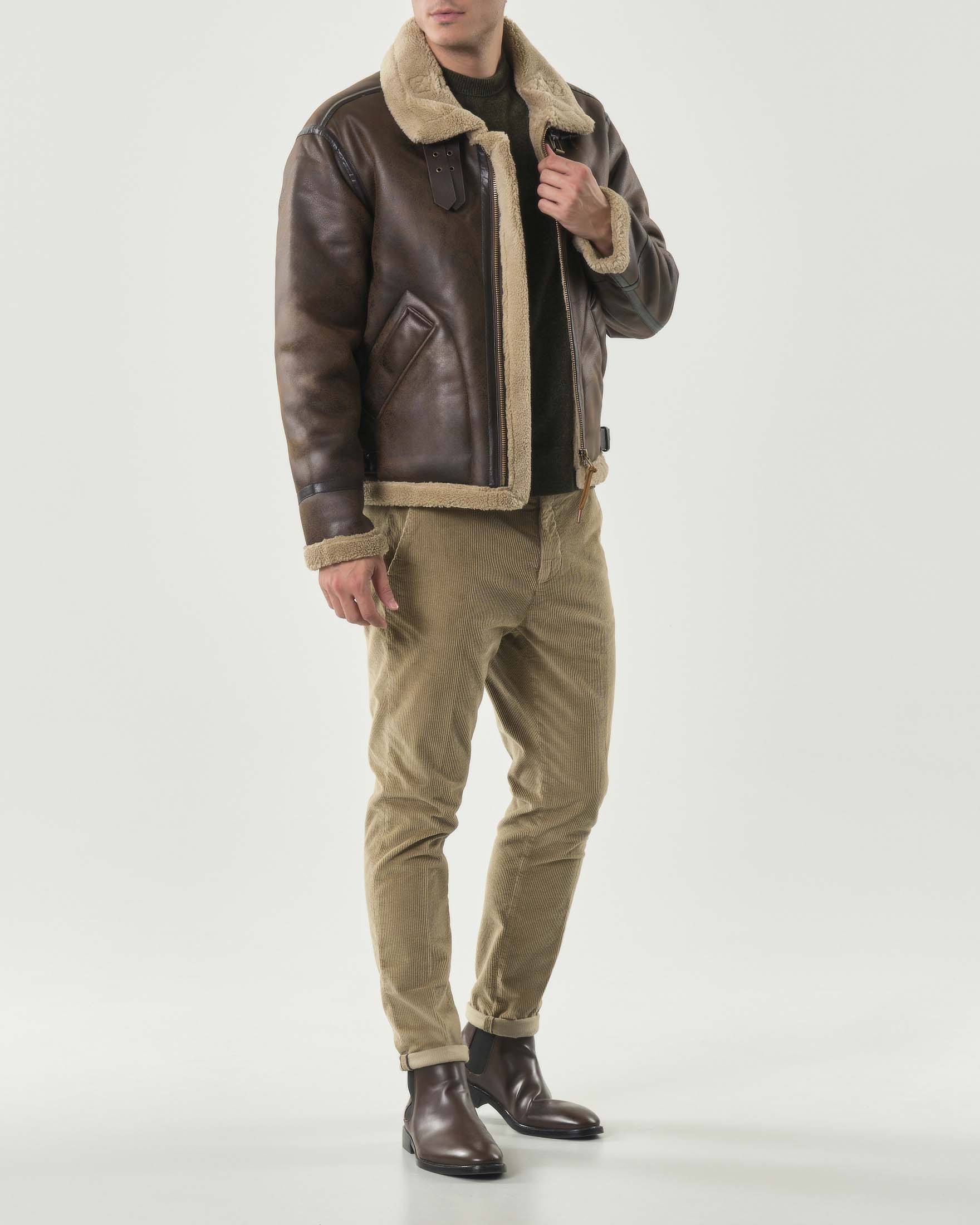 Giubbino A.F.F. in similpelle marrone con profili e colletto in eco montone