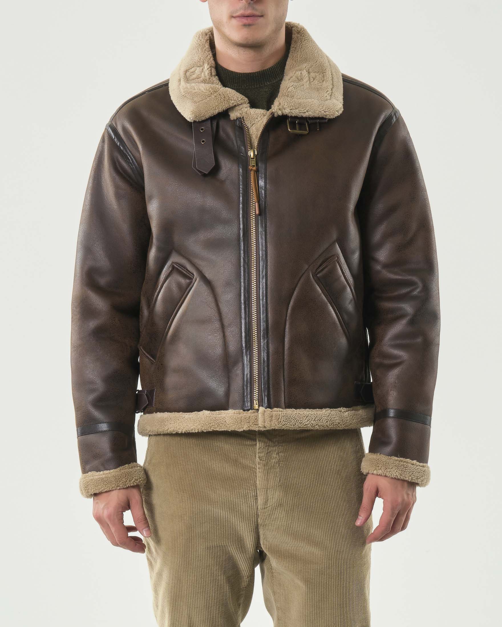 Giubbino A.F.F. in similpelle marrone con profili e colletto in eco montone image