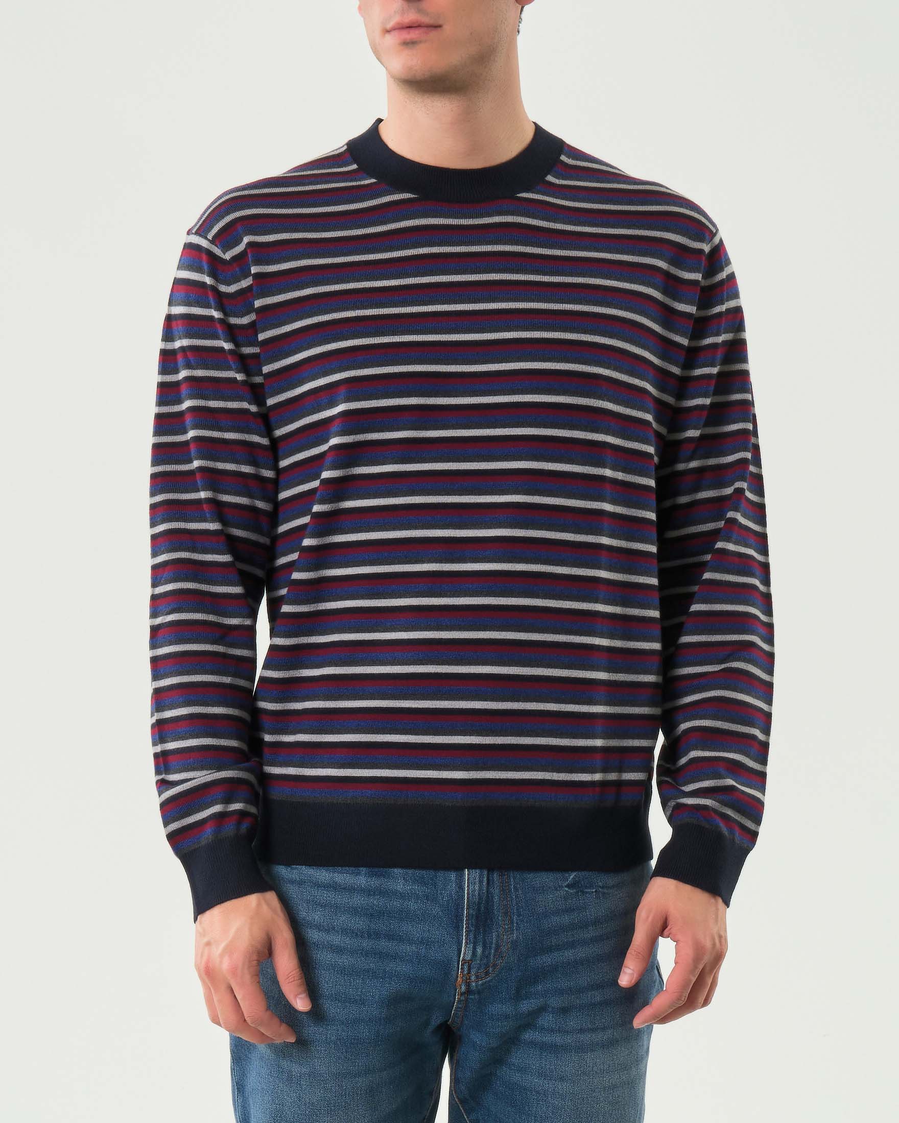 Maglia girocollo Armani Exchange a righe grigie bordeaux e blu in misto lana