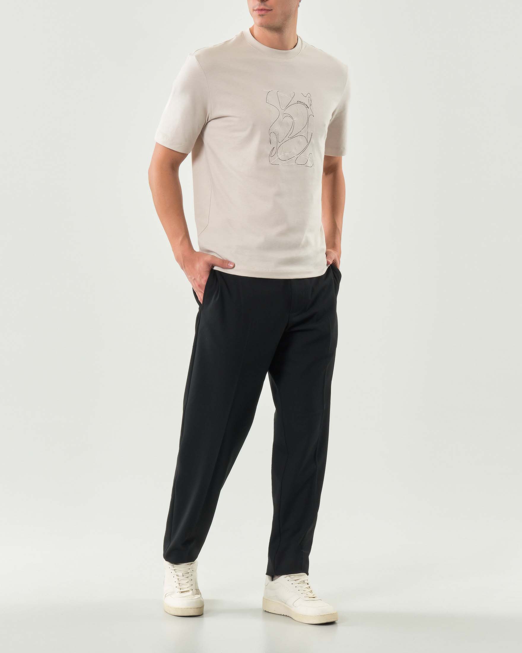 Pantalone chino Armani Exchange nero in tela di misto viscosa e lana stretch a gamba larga