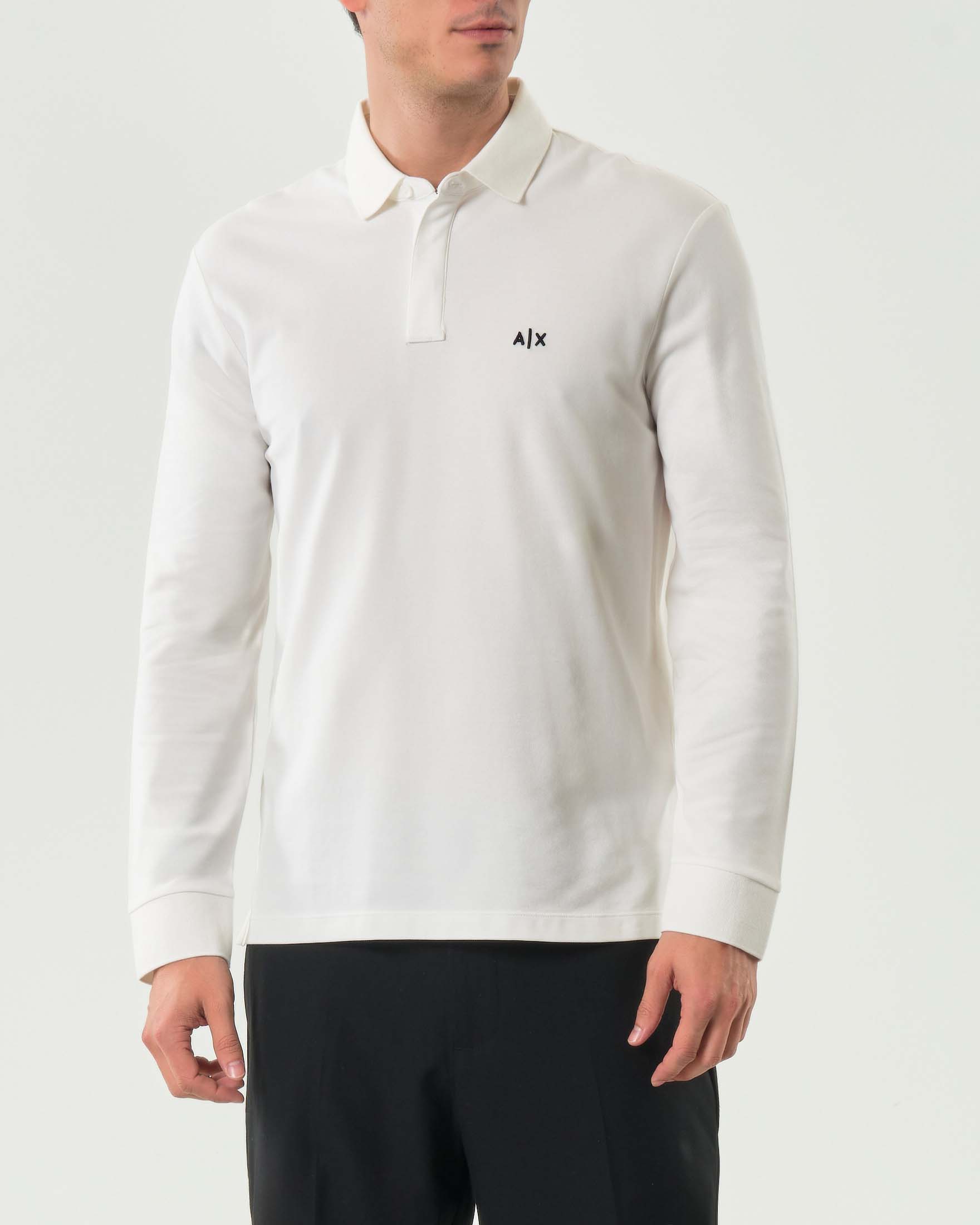 Polo manica lunga Exchange bianca in cotone stretch con logo AX sul petto