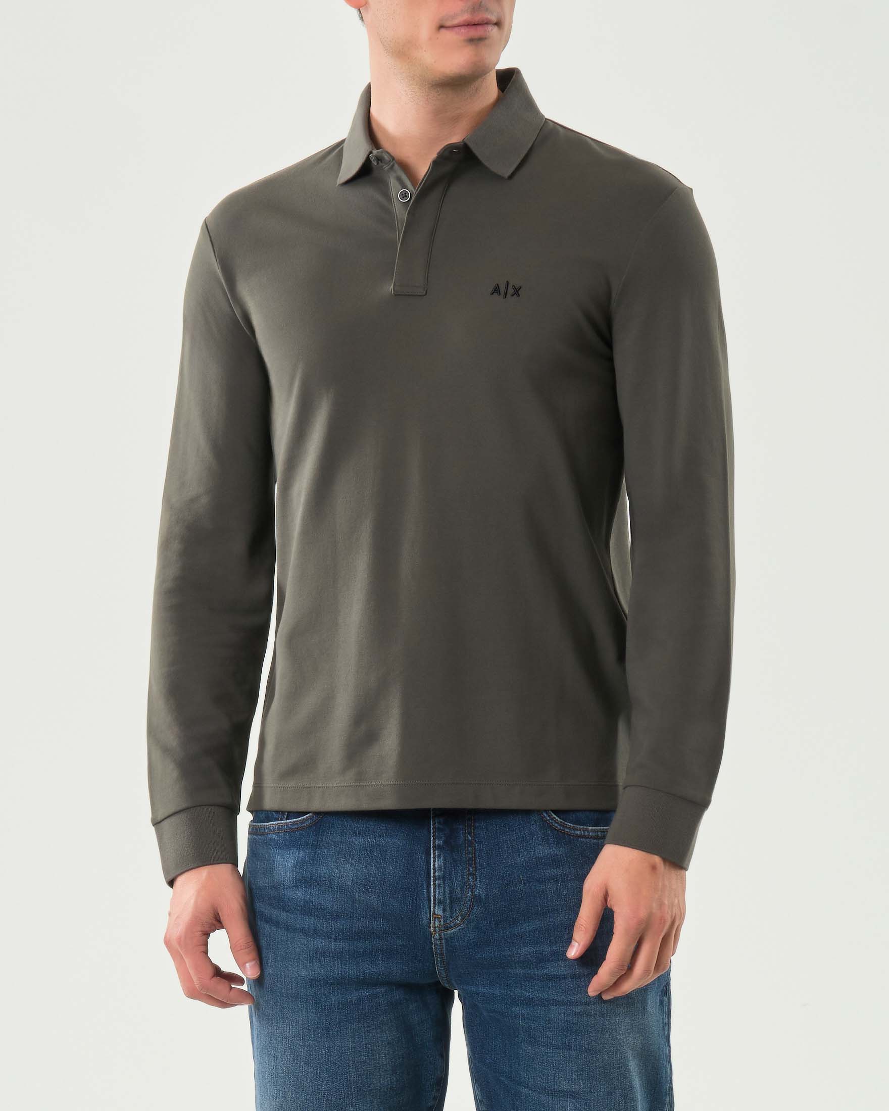 Polo manica lunga Armani Exchange verde militare in cotone stretch con logo AX sul petto