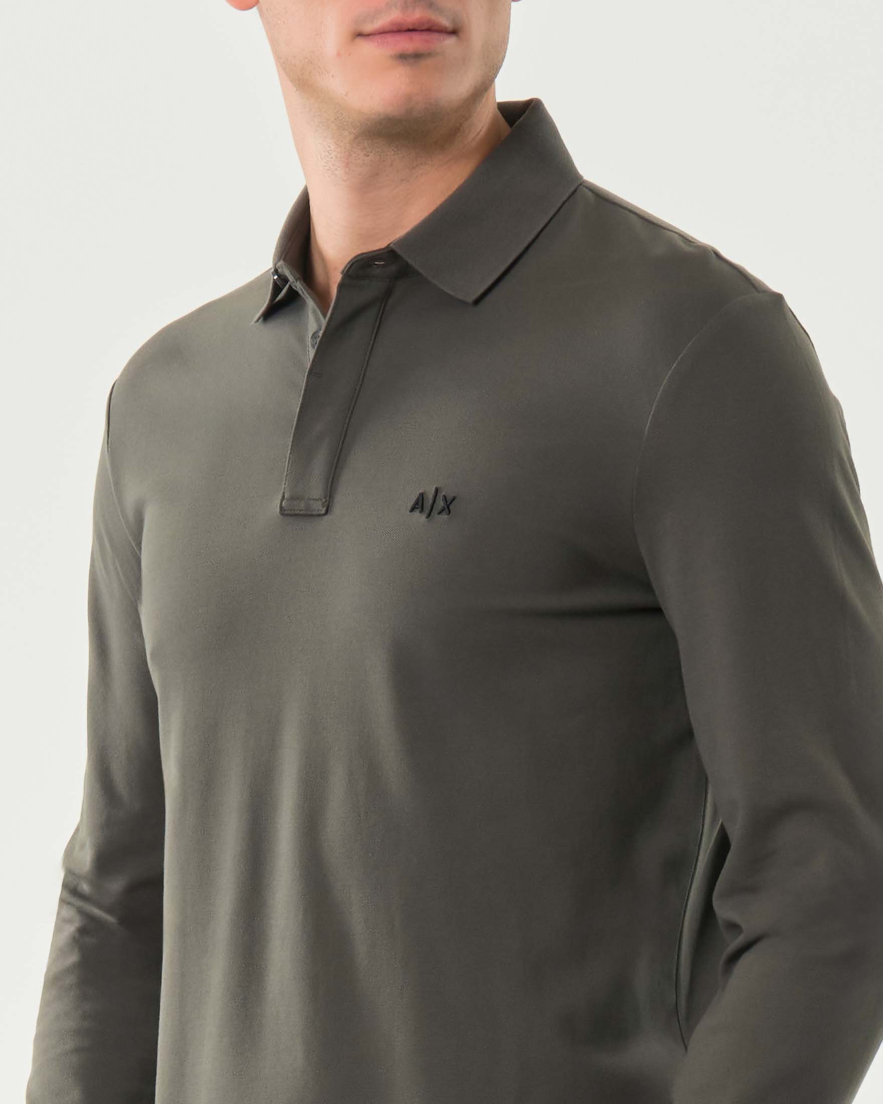 Polo manica lunga Armani Exchange verde militare in cotone stretch con logo AX sul petto image