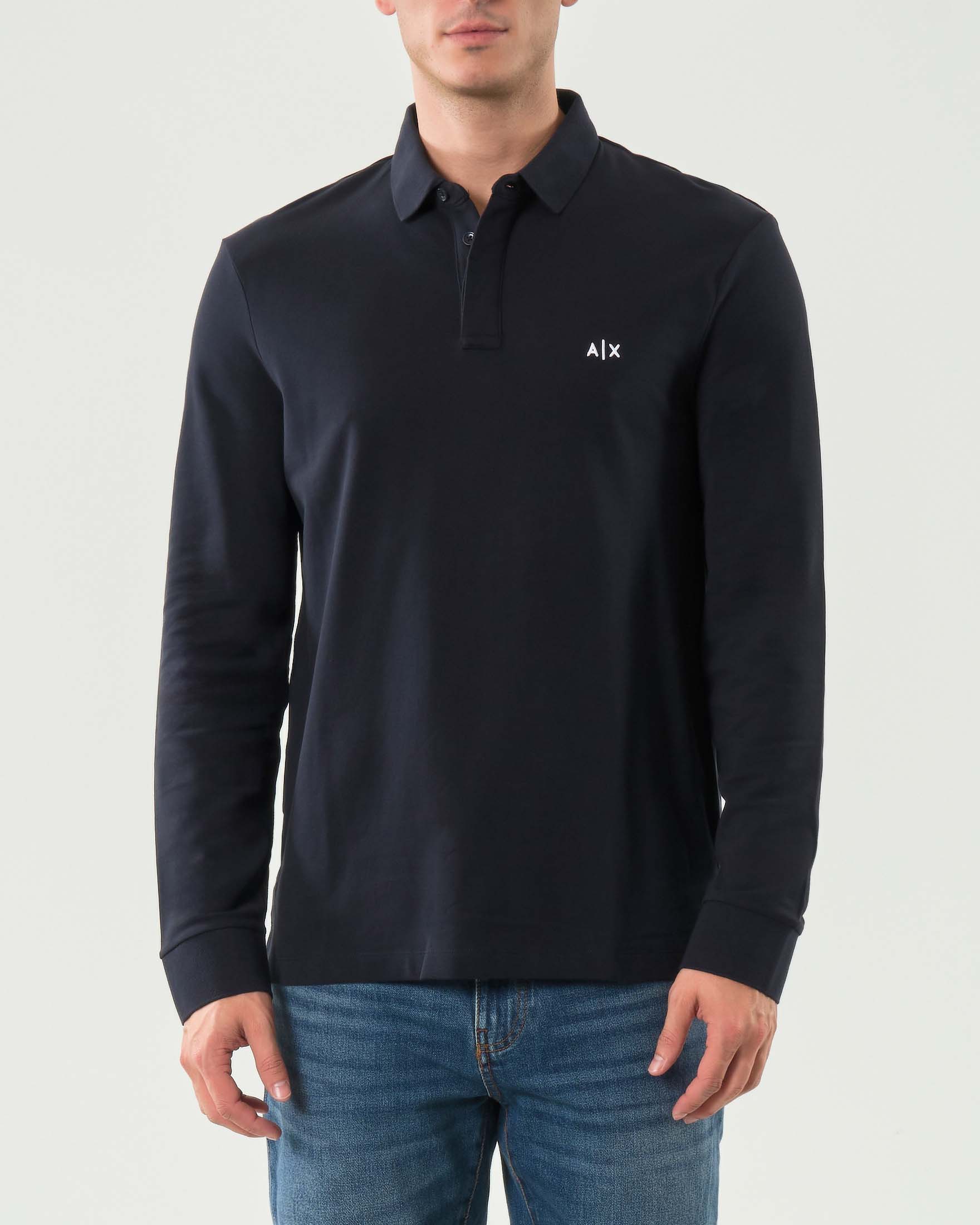 Polo manica lunga Armani Exchange blu in cotone stretch con logo AX sul petto